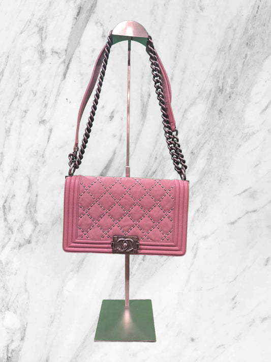 CHANEL QUILTED AND STUDDED PINK "OLD" MEDIUM BOY BAG
