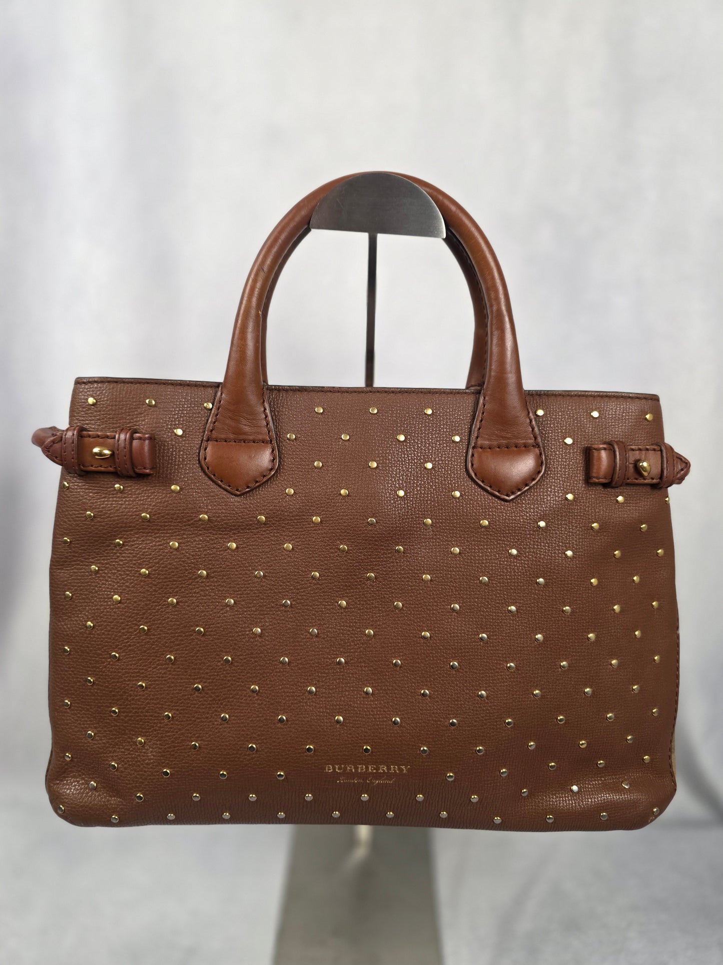 BURBERRY STUDDED BANNER BROWN LEATHER HANDBAG