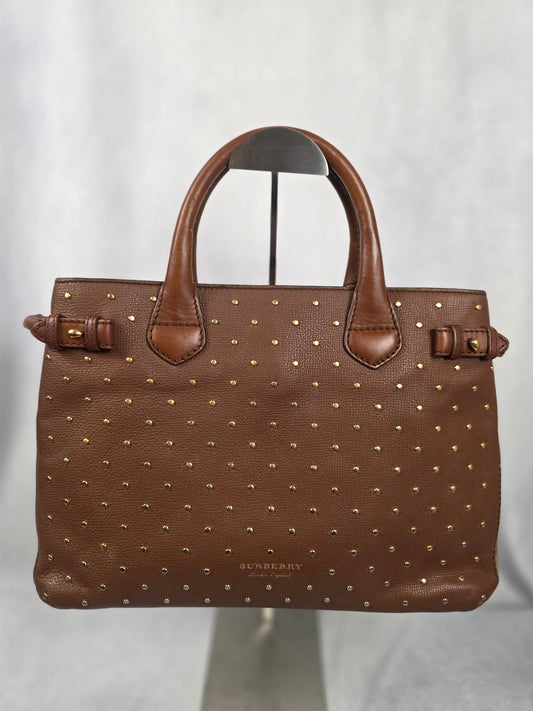 BURBERRY STUDDED BANNER BROWN LEATHER HANDBAG