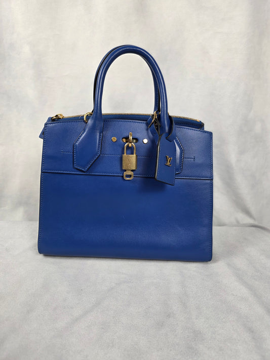 LOUIS VUITTON BLUE CALFSKIN CITY STEAMER TOP HANDLE BAG