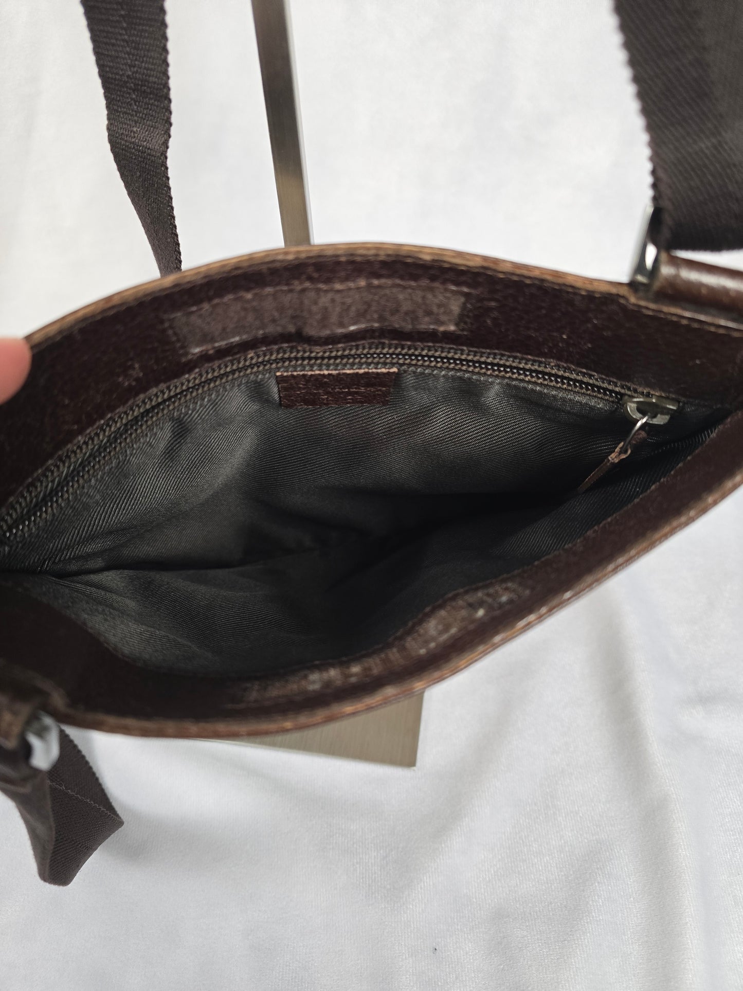 Gucci GG Canvas Crossbody Bag with Brown Leather Trim