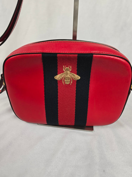 Gucci Bee Webby Red Calfskin Leather Crossbody