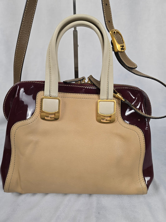 Fendi Canvas and Burgundy Patent Leather Two-Way Handbag
