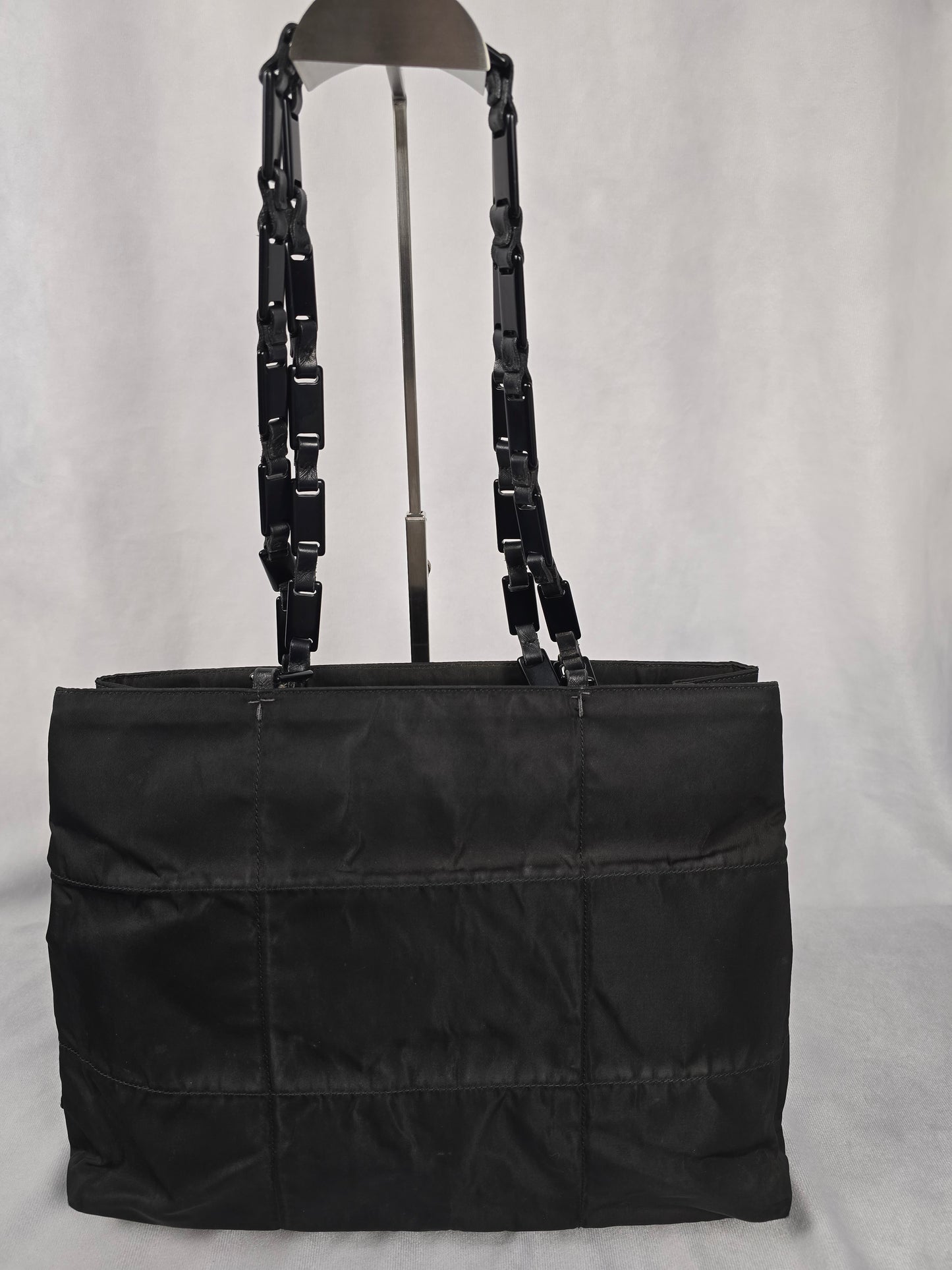 Prada Black Tessuto Impunture Vintate Tote with Metal Chain Strap