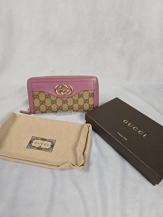 Gucci GG Canvas and Pink Leather Zippy Wallet