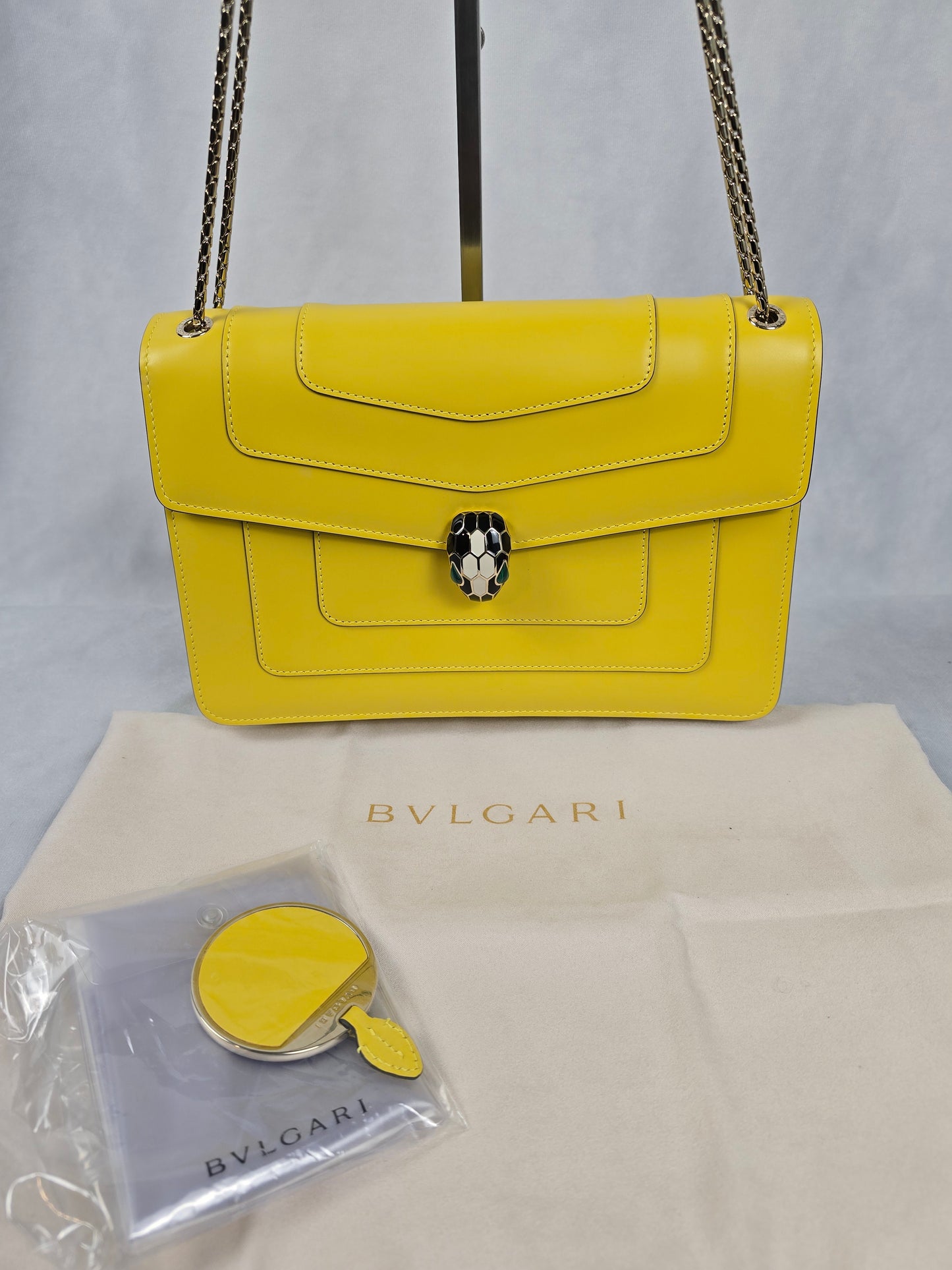 Bvlgari Serpenti Large Calfskin Leather Yellow Handbag with Shoulder Chain Strap