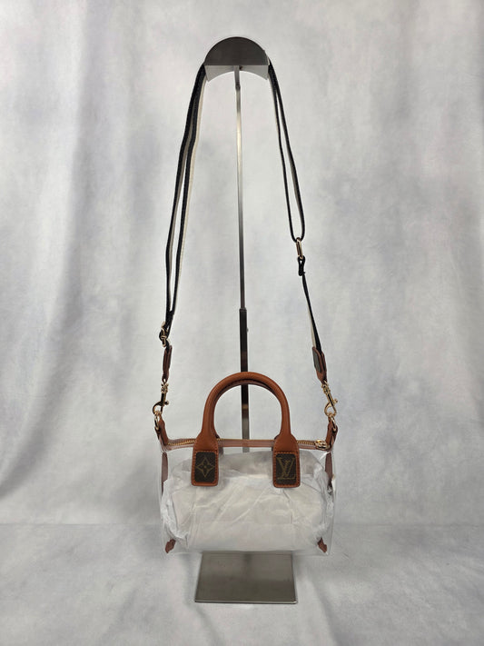 UPCYCLED STADIUM BAG WITH LUXURY ACCENTS, BROWN/CLEAR