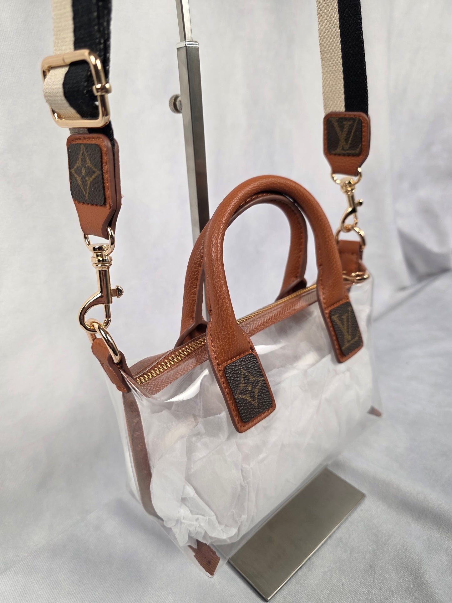 UPCYCLED STADIUM BAG WITH LUXURY ACCENTS, BROWN/CLEAR