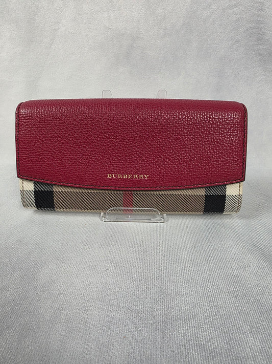 BURBERRY MAROON HOUSE CHECK CANVAS AND LEATHER FLAP CONTINENTAL WALLET