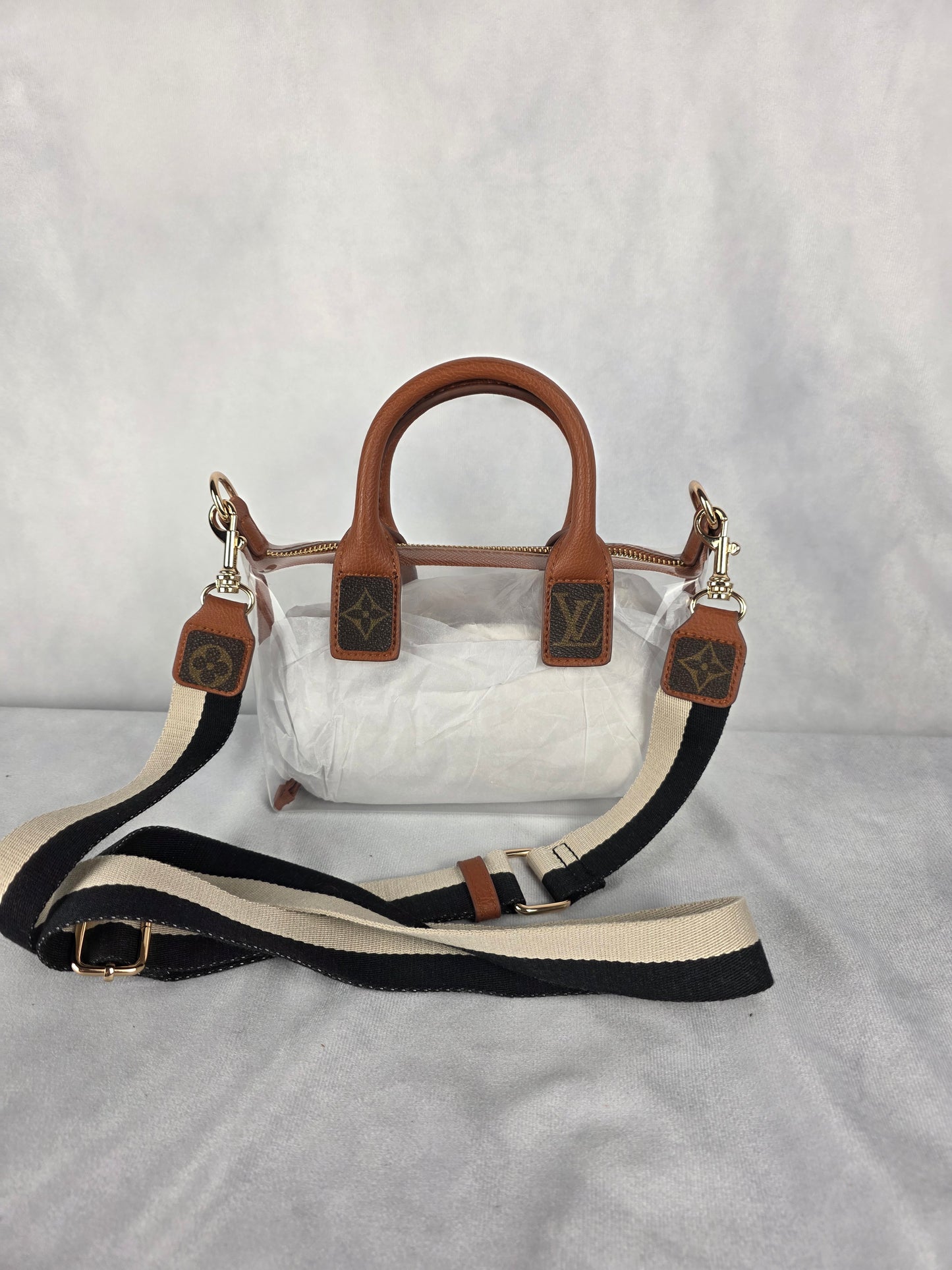 UPCYCLED STADIUM BAG WITH LUXURY ACCENTS, BROWN/CLEAR