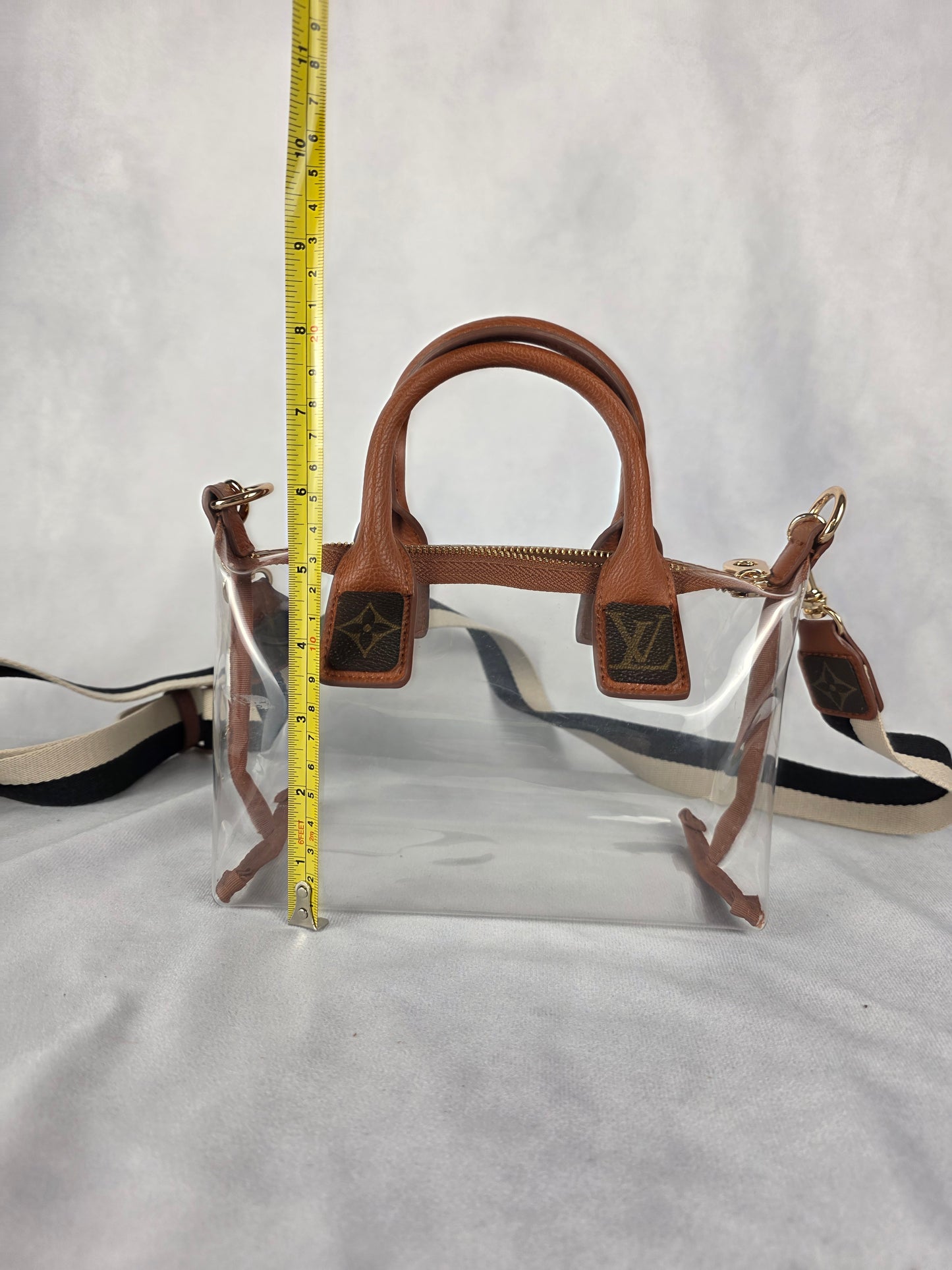 UPCYCLED STADIUM BAG WITH LUXURY ACCENTS, BROWN/CLEAR