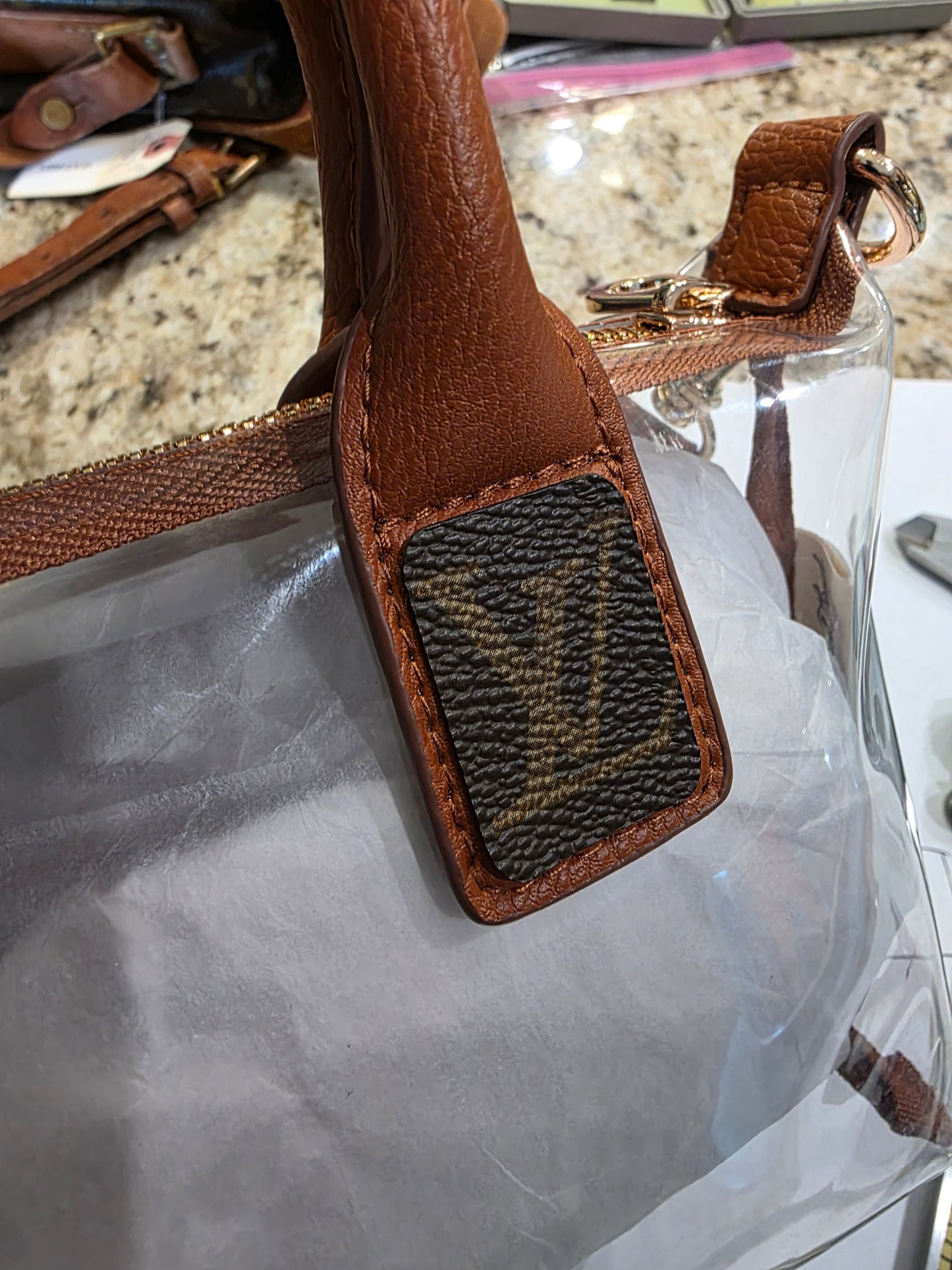 UPCYCLED STADIUM BAG WITH LUXURY ACCENTS, BROWN/CLEAR