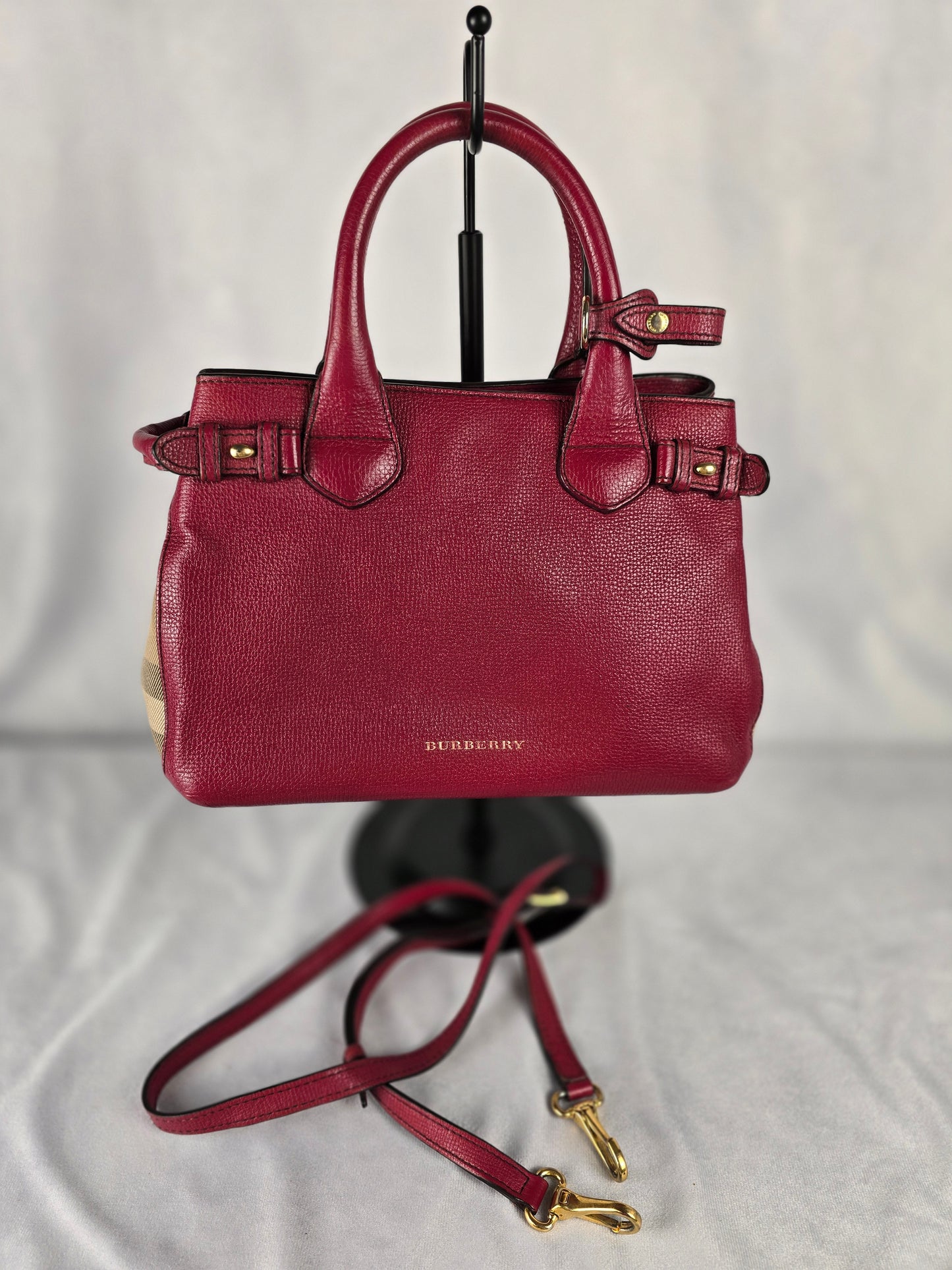 Burberry Red Leather with House CheckSides Two-Way Handbag