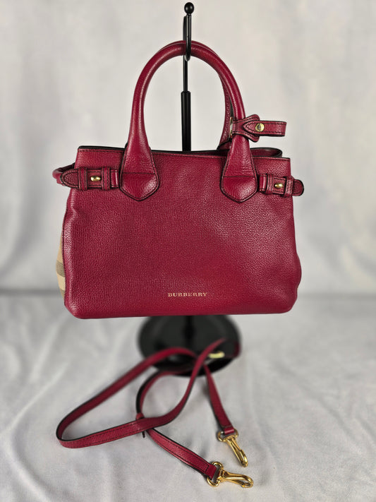 Burberry Red Leather with House CheckSides Two-Way Handbag