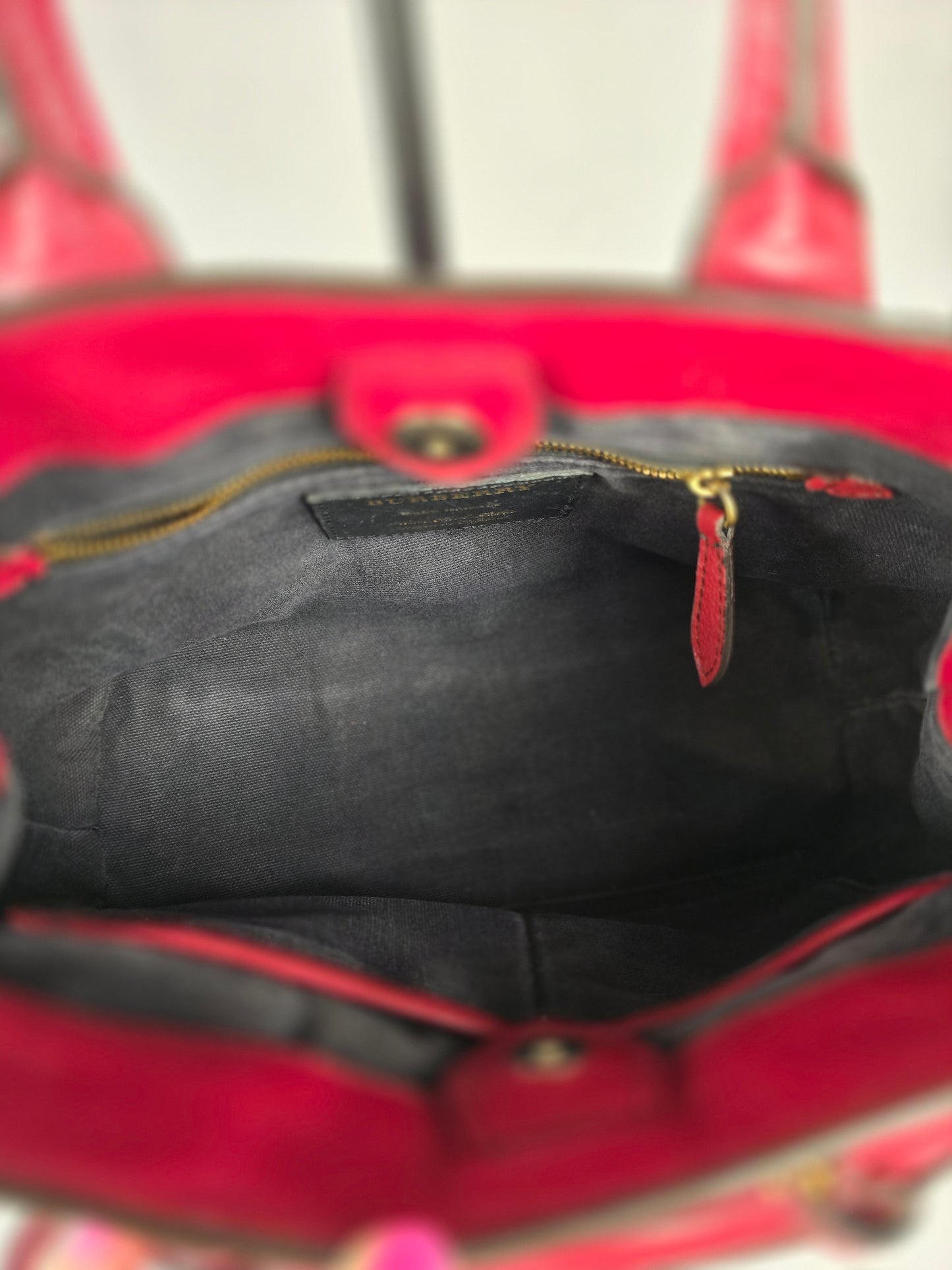 Burberry Red Leather with House CheckSides Two-Way Handbag