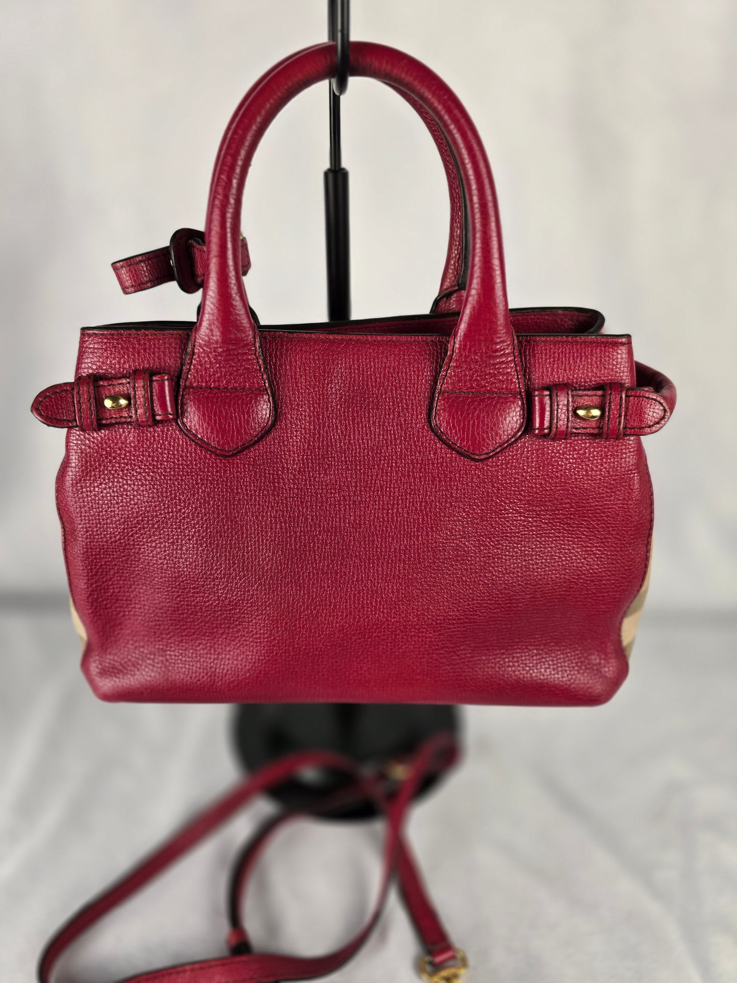 Burberry Red Leather with House CheckSides Two-Way Handbag
