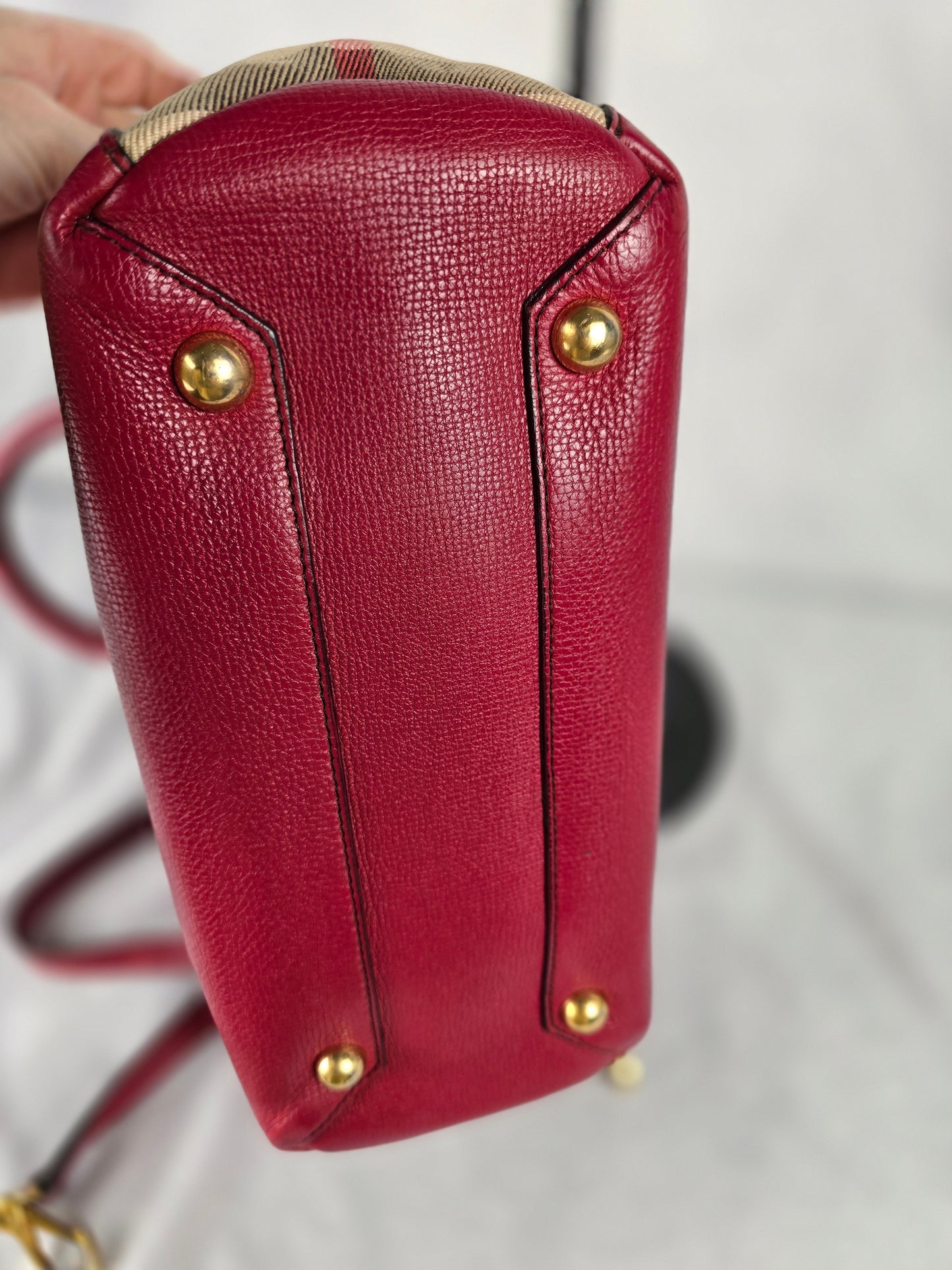 Burberry Red Leather with House CheckSides Two-Way Handbag