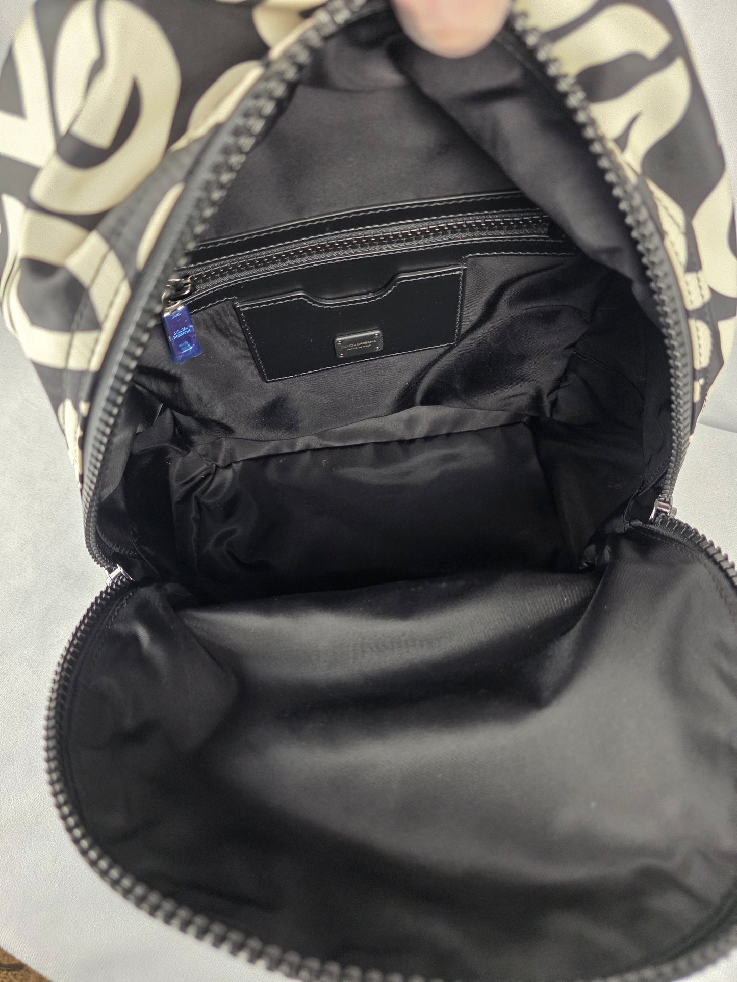 DOLCE & GABANNA DG LOGO PRINT NYLON BACKPACK, BLACK AND WHITE