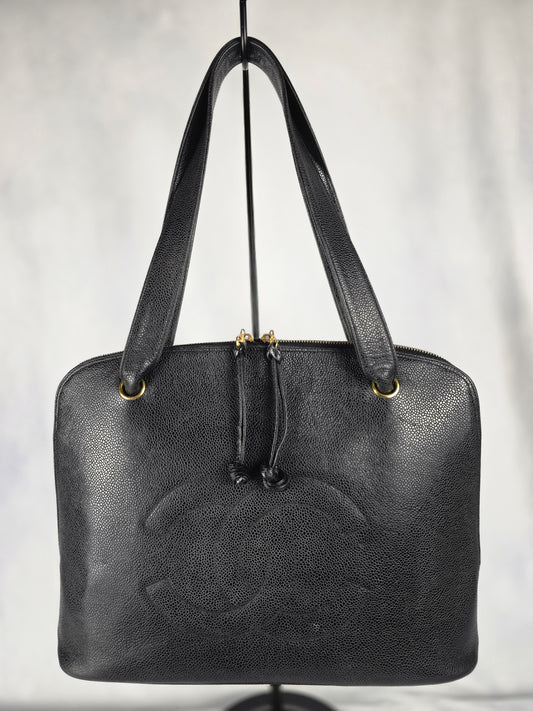 CHANEL VINTAGE COCO MARK BLACK CAVIAR LEATHER SHOULDER BAG