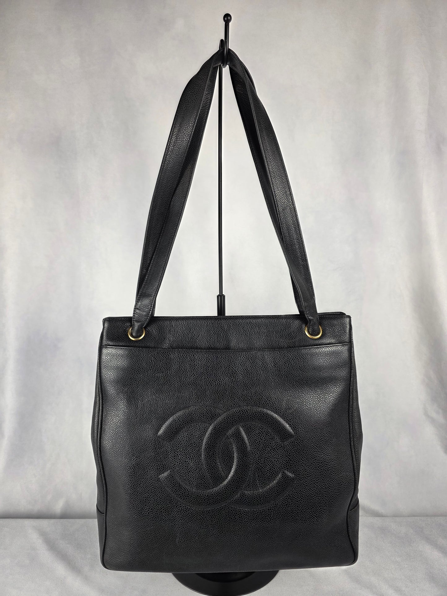 CHANEL VINTAGE COCO MARK BLACK CAVIAR LEATHER TOTE