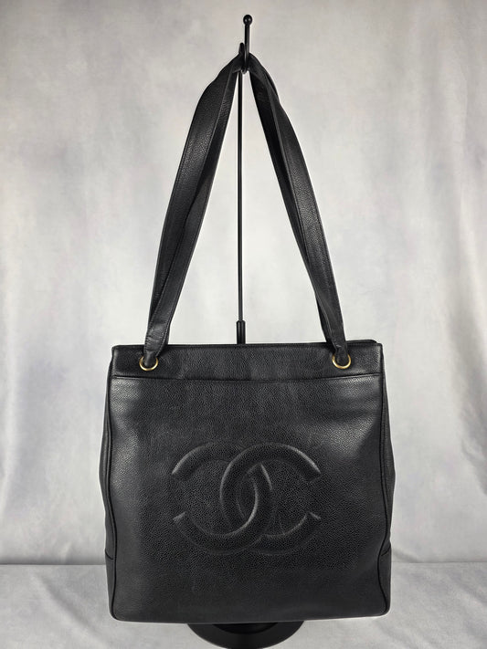 CHANEL VINTAGE COCO MARK BLACK CAVIAR LEATHER TOTE