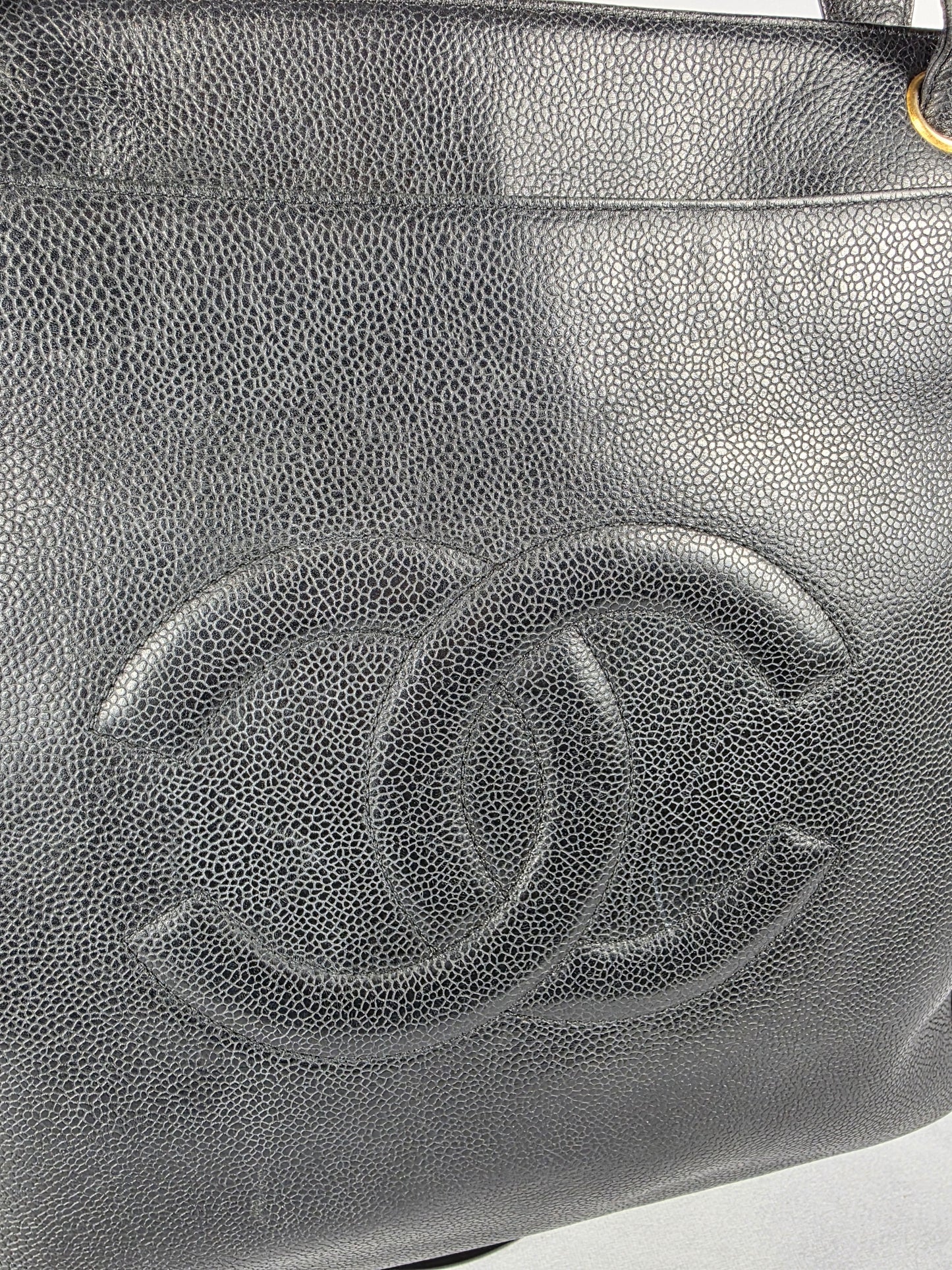 CHANEL VINTAGE COCO MARK BLACK CAVIAR LEATHER TOTE