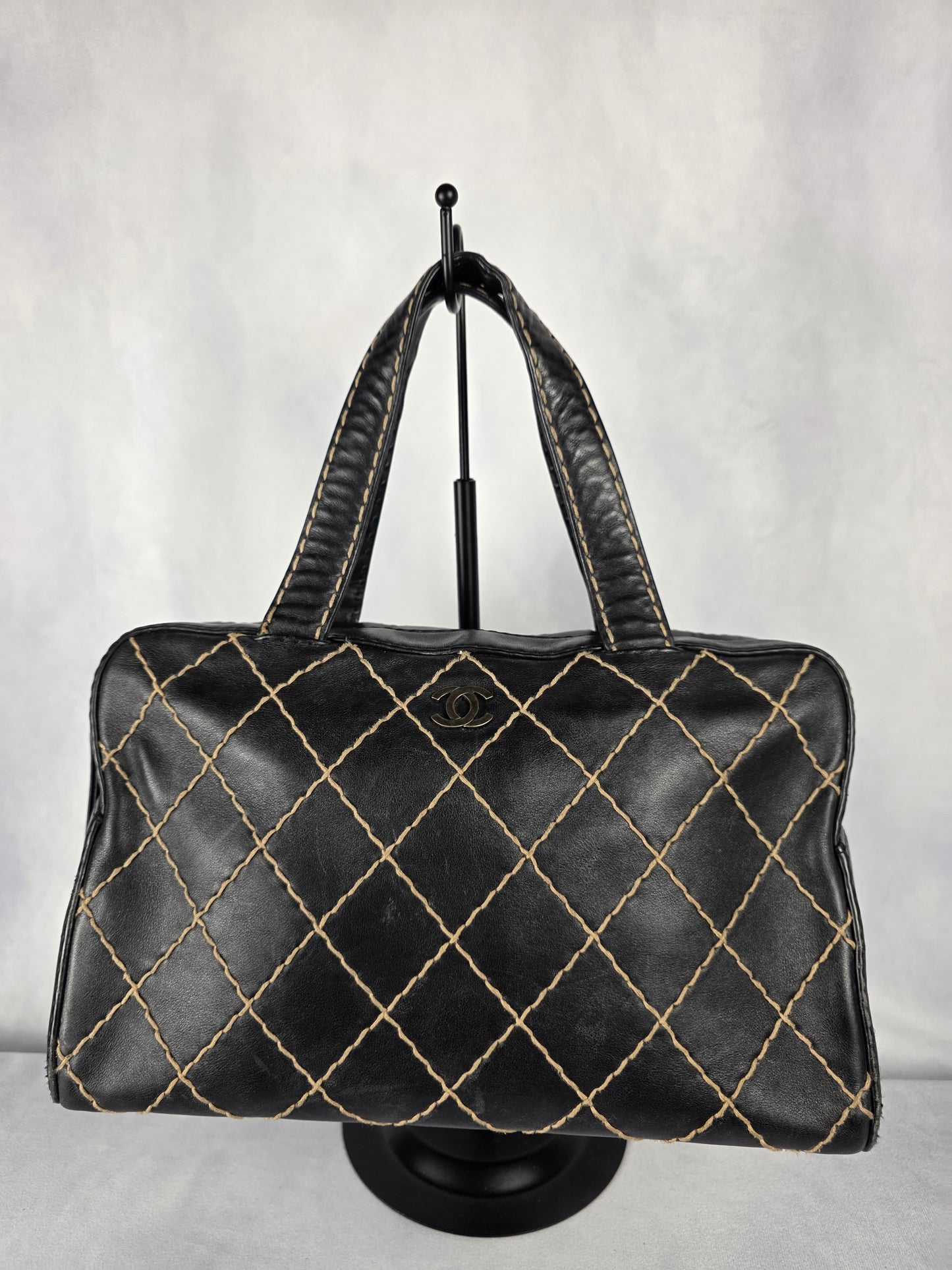 CHANEL BLACK "WILD STITCH" SURPIQUE BOWLER BAG