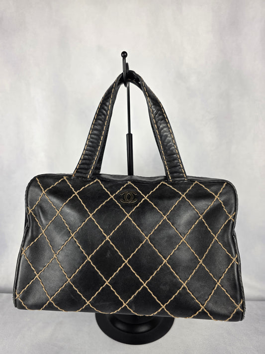 CHANEL BLACK "WILD STITCH" SURPIQUE BOWLER BAG