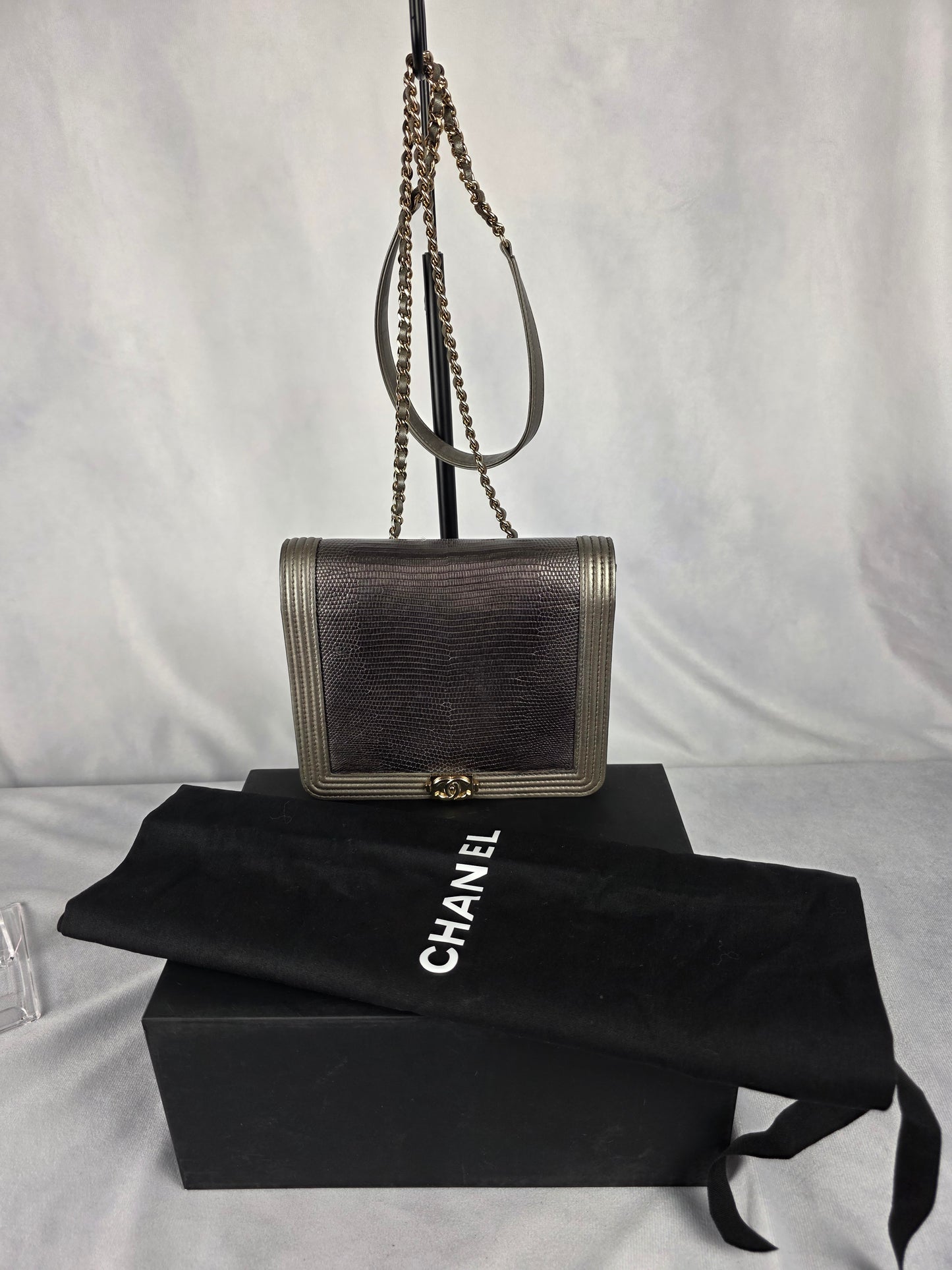 CHANEL LIMITED EDITION METALLIC LIZARD LAMBSKIN BOY SQUARE WALLET ON CHAIN