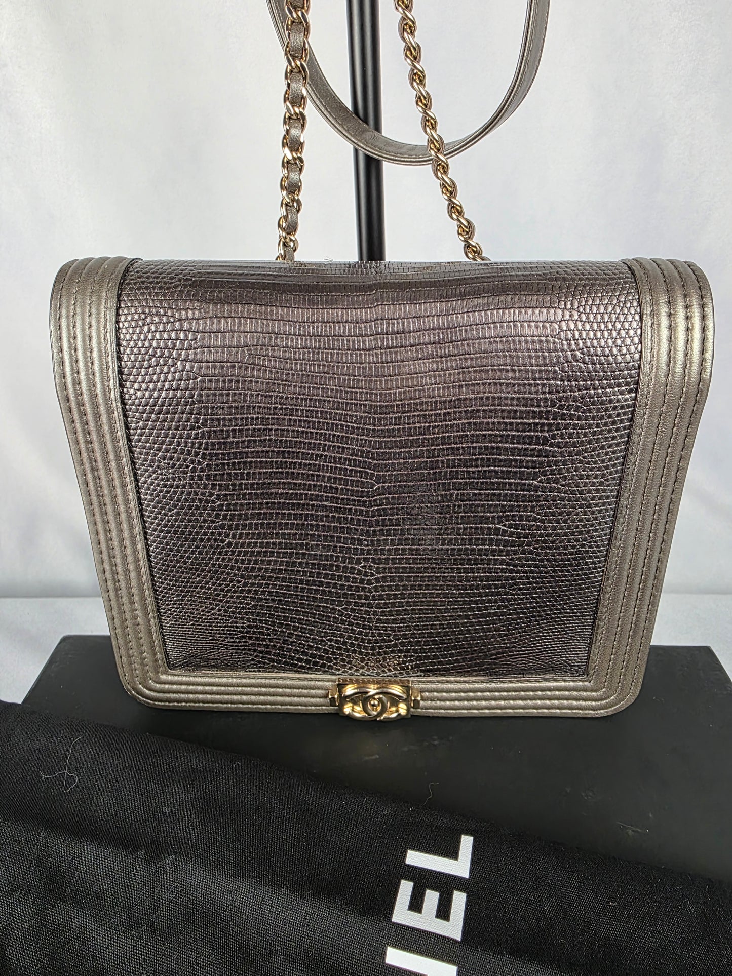 CHANEL LIMITED EDITION METALLIC LIZARD LAMBSKIN BOY SQUARE WALLET ON CHAIN