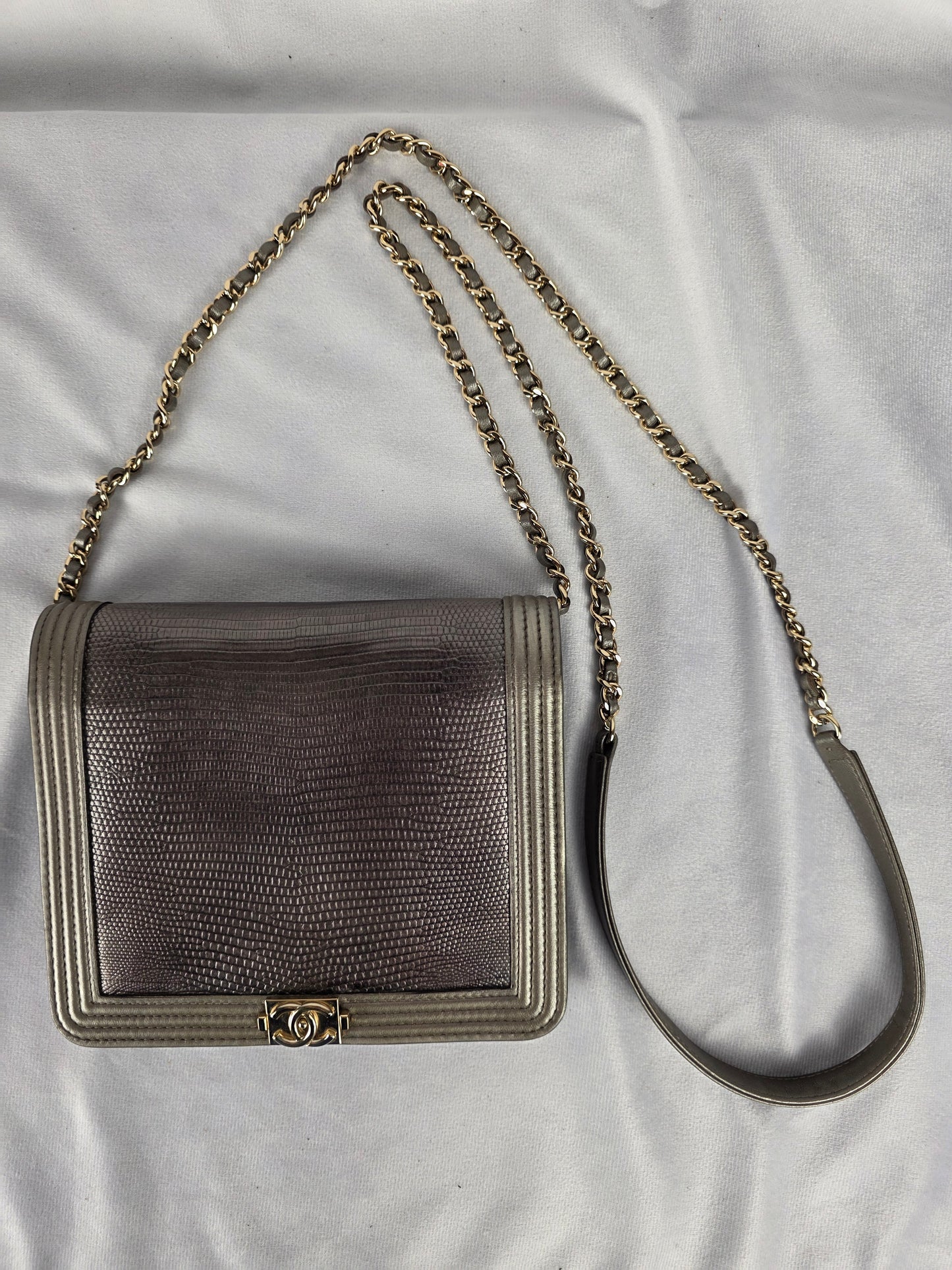 CHANEL LIMITED EDITION METALLIC LIZARD LAMBSKIN BOY SQUARE WALLET ON CHAIN