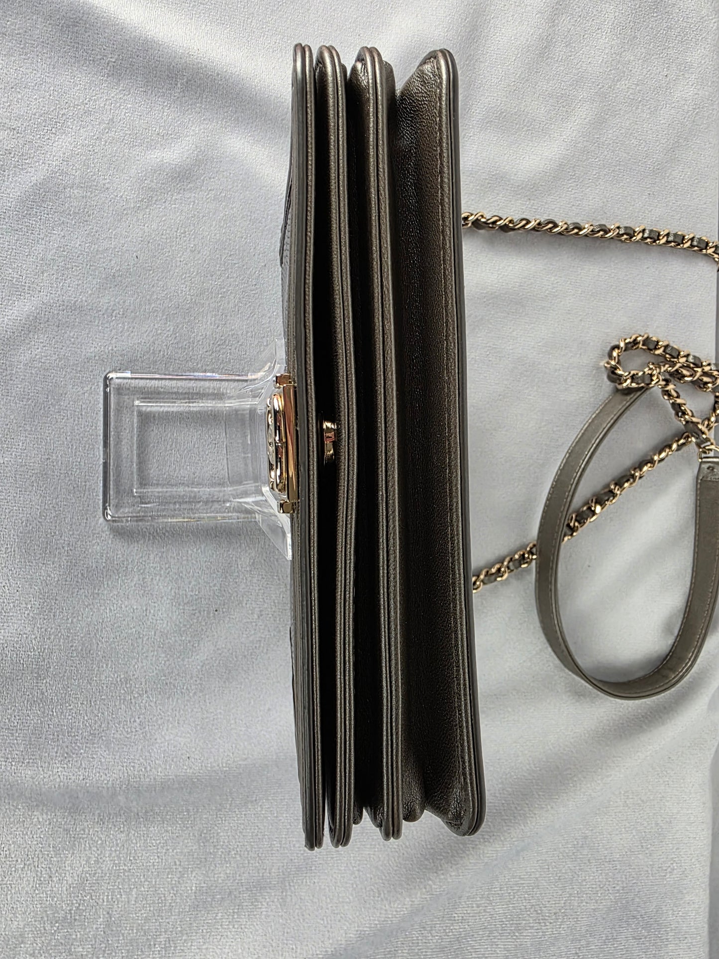 CHANEL LIMITED EDITION METALLIC LIZARD LAMBSKIN BOY SQUARE WALLET ON CHAIN