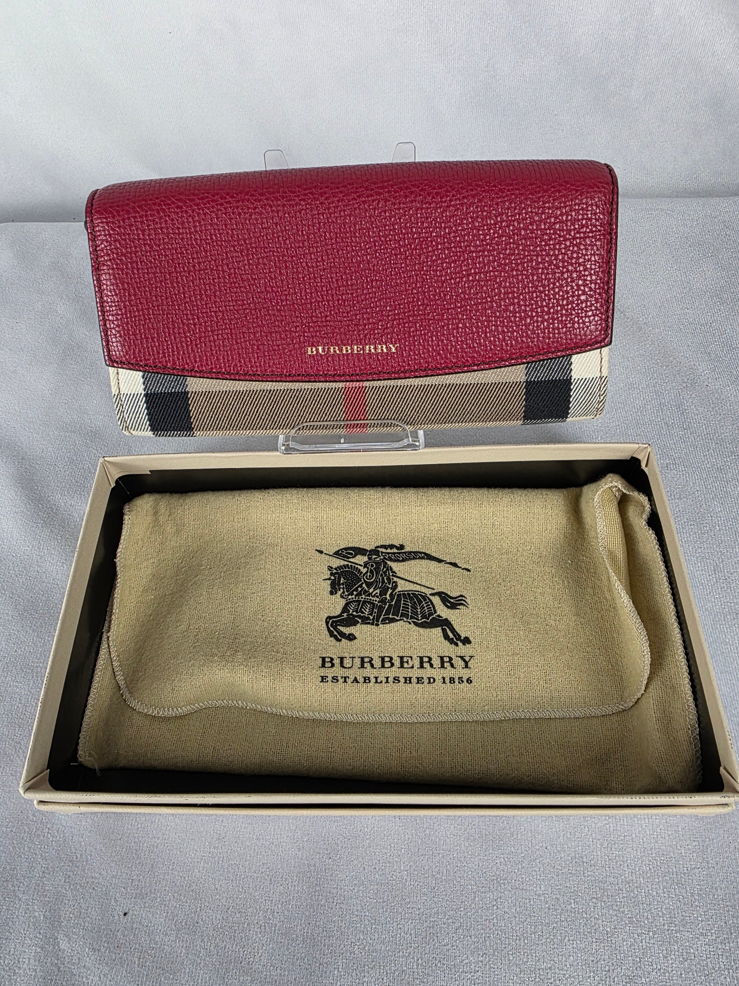 BURBERRY MAROON HOUSE CHECK CANVAS AND LEATHER FLAP CONTINENTAL WALLET