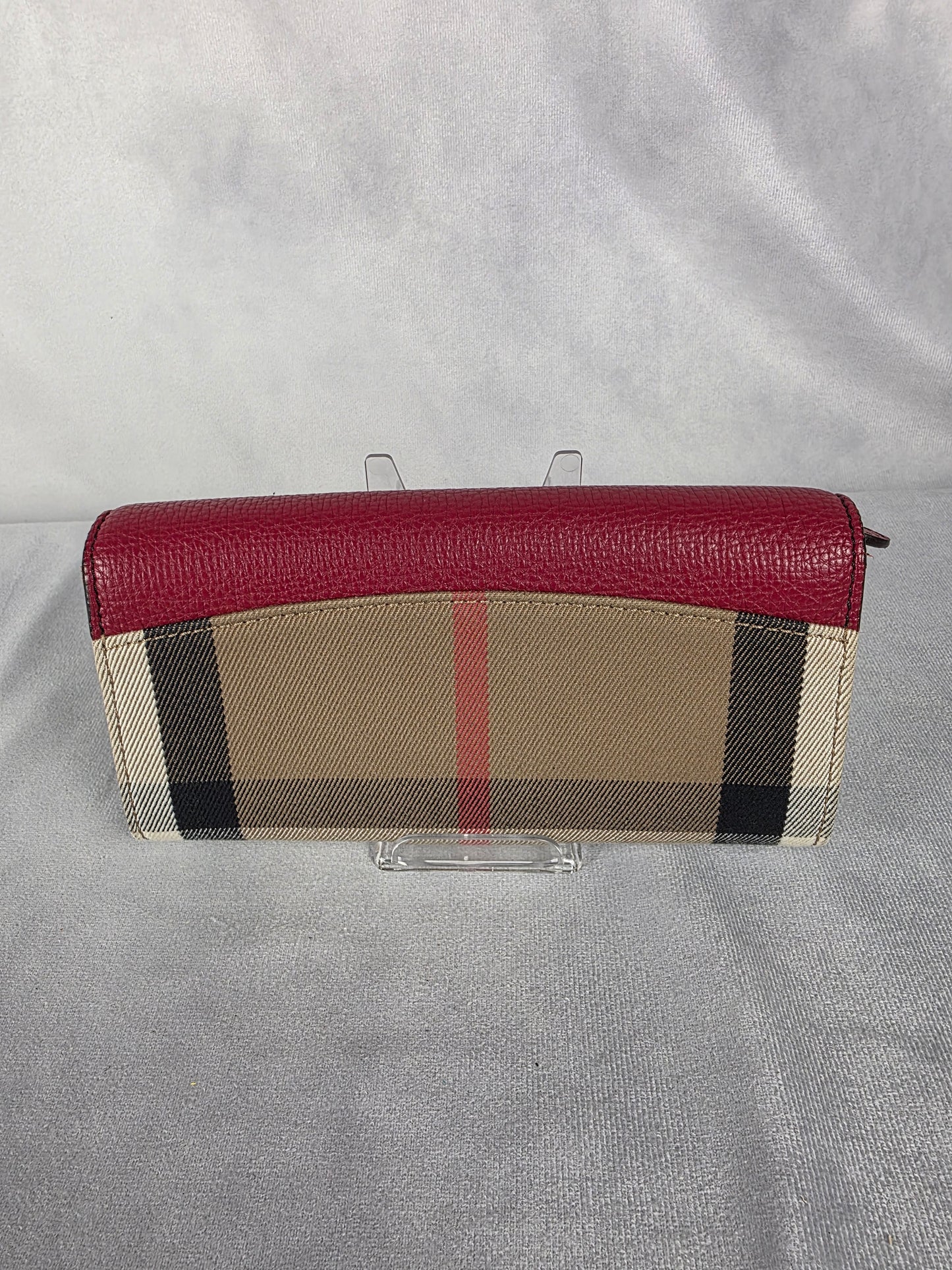 BURBERRY MAROON HOUSE CHECK CANVAS AND LEATHER FLAP CONTINENTAL WALLET