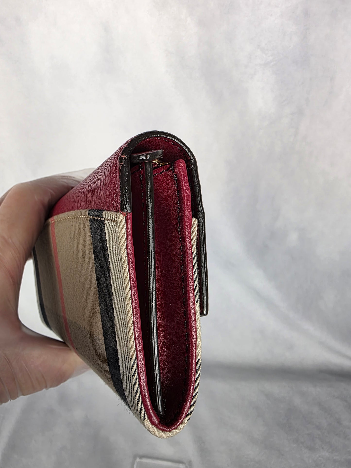 BURBERRY MAROON HOUSE CHECK CANVAS AND LEATHER FLAP CONTINENTAL WALLET