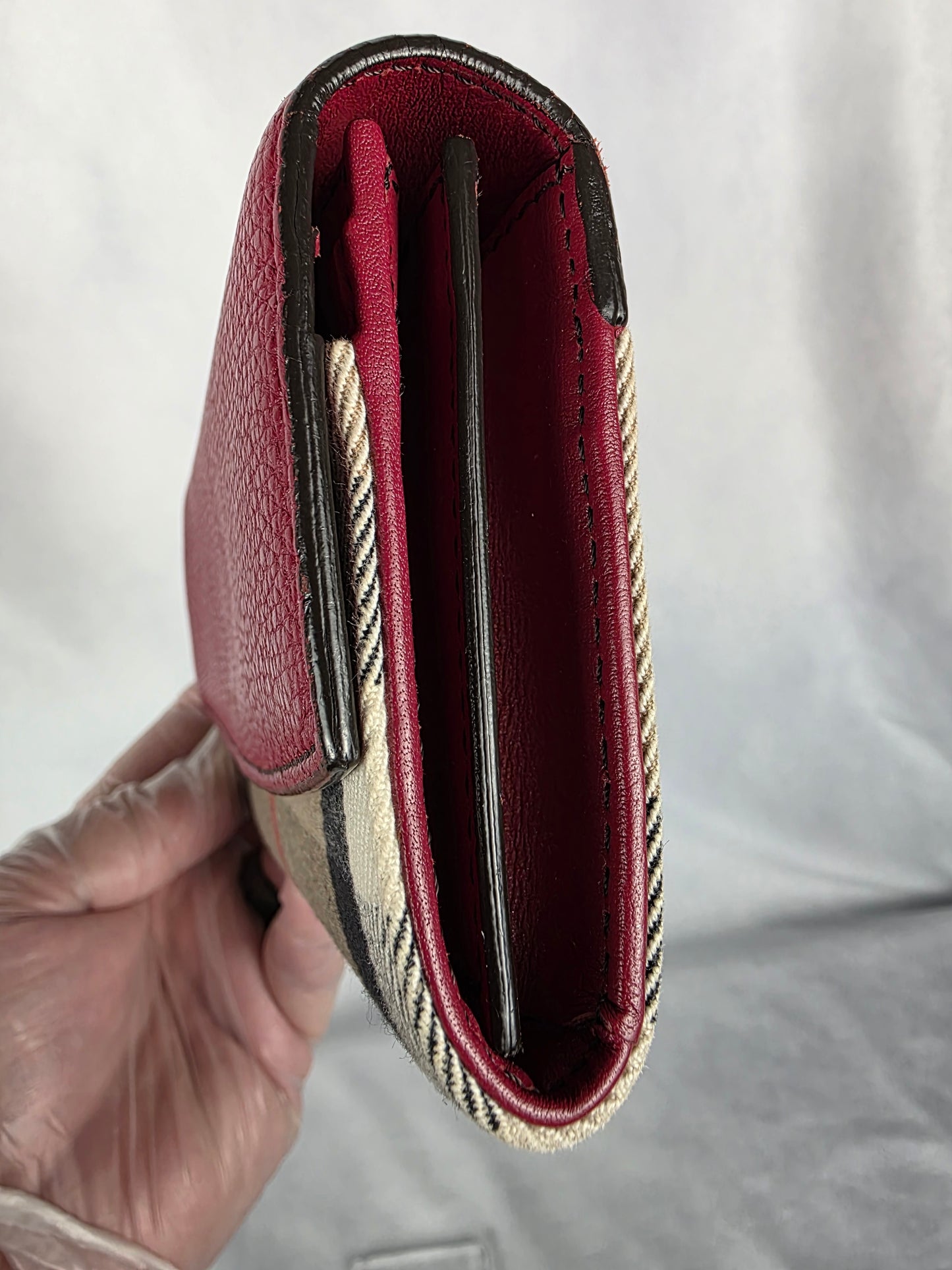BURBERRY MAROON HOUSE CHECK CANVAS AND LEATHER FLAP CONTINENTAL WALLET