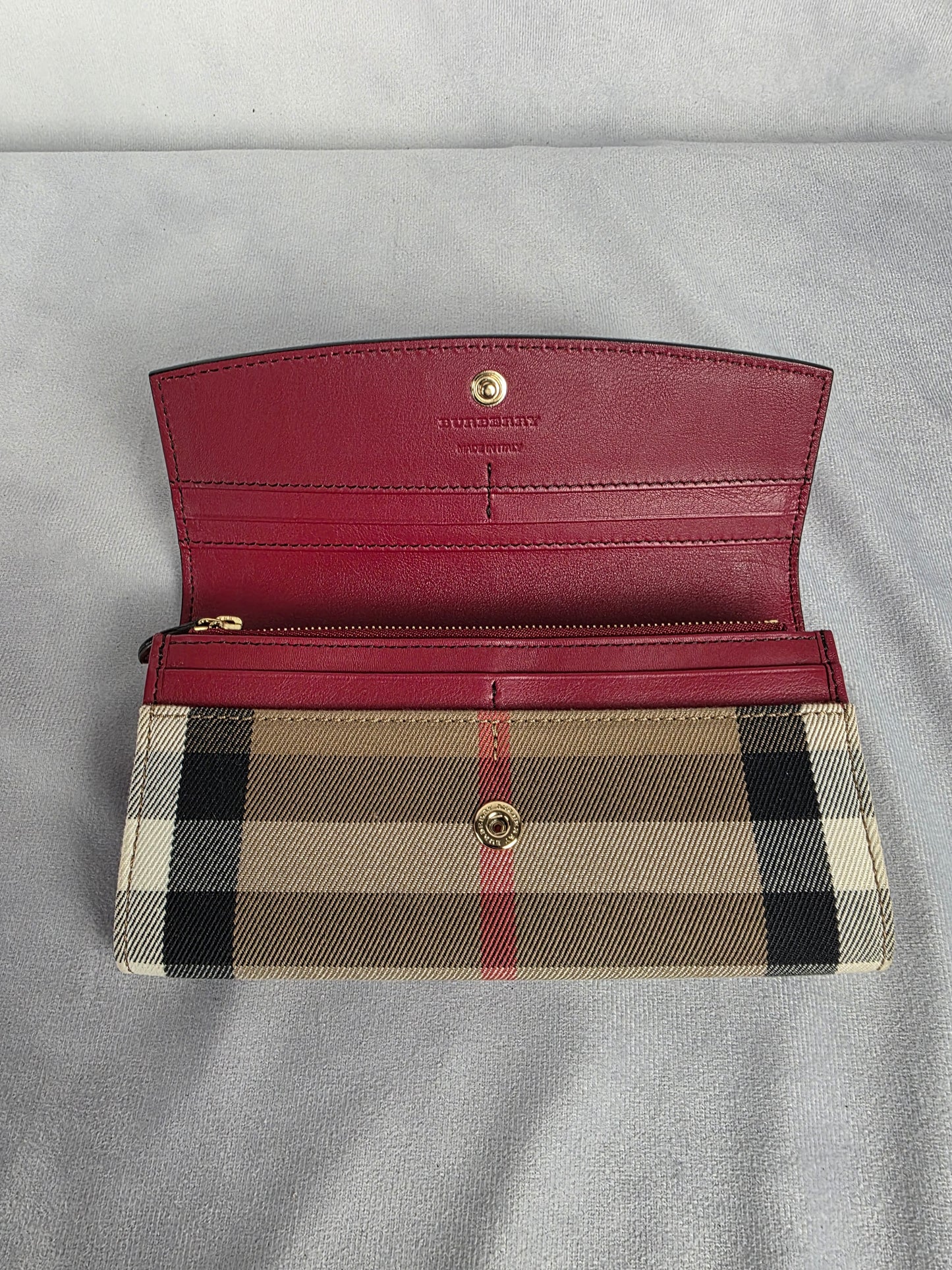 BURBERRY MAROON HOUSE CHECK CANVAS AND LEATHER FLAP CONTINENTAL WALLET