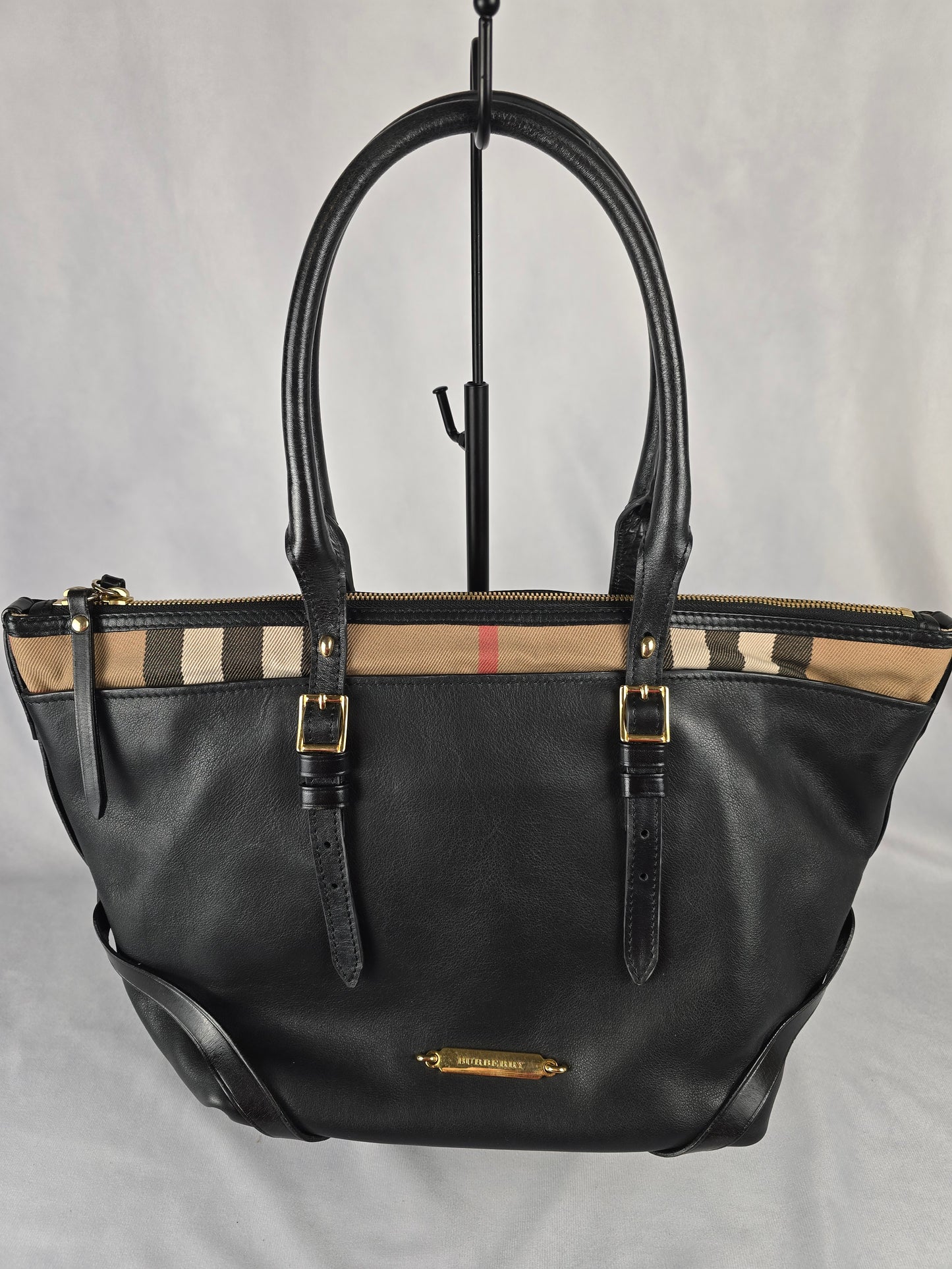 Burberry Black Calfskin with House Check Trim Salisbury Top Handle Bag