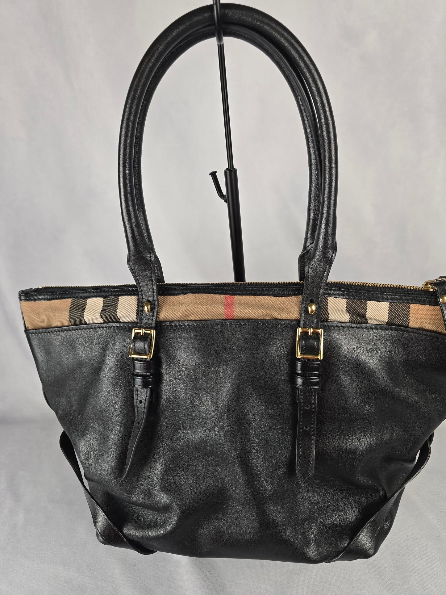 Burberry Black Calfskin with House Check Trim Salisbury Top Handle Bag