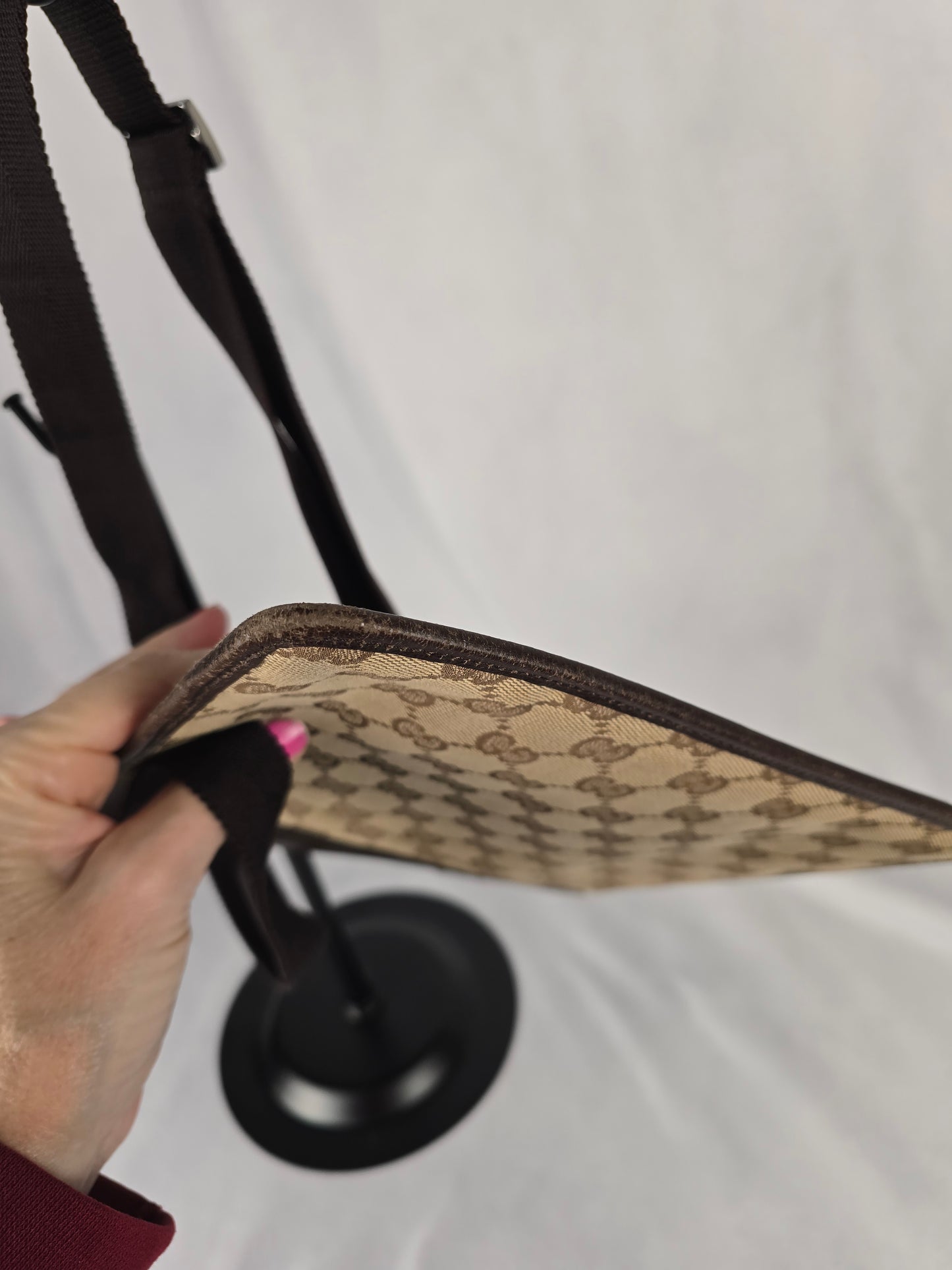 Gucci GG Canvas Crossbody Bag with Brown Leather Trim