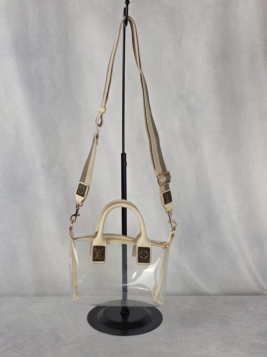 UPCYCLED STADIUM BAG WITH LUXURY ACCENTS, CREAM/CLEAR