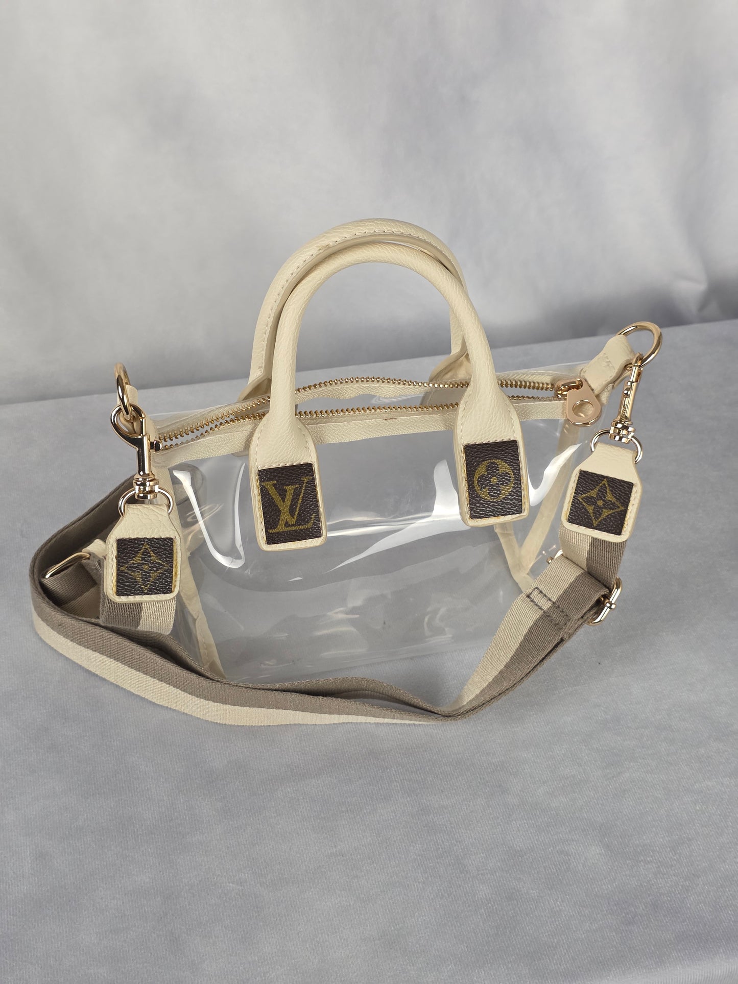 UPCYCLED STADIUM BAG WITH LUXURY ACCENTS, CREAM/CLEAR