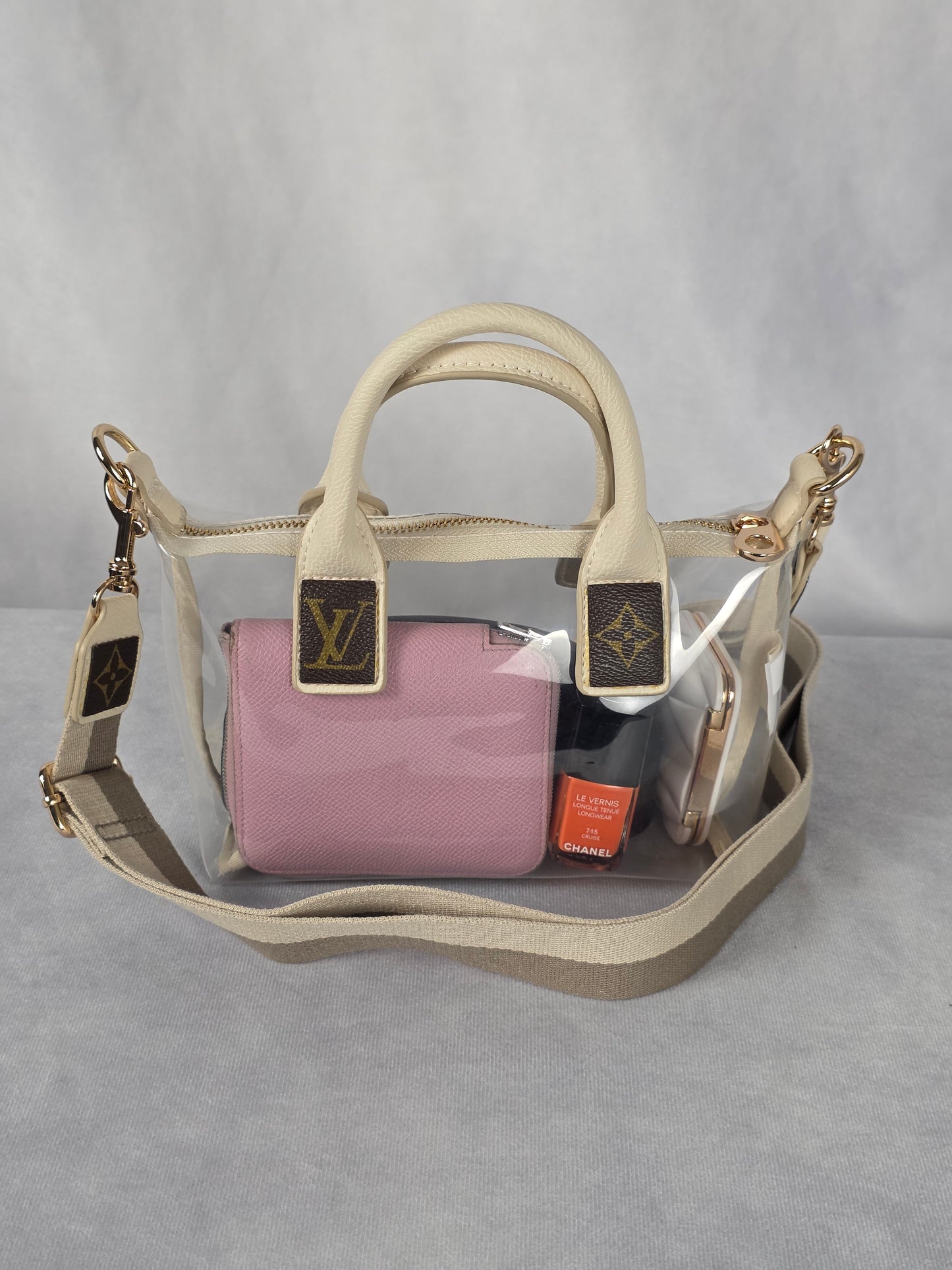 UPCYCLED STADIUM BAG WITH LUXURY ACCENTS, CREAM/CLEAR
