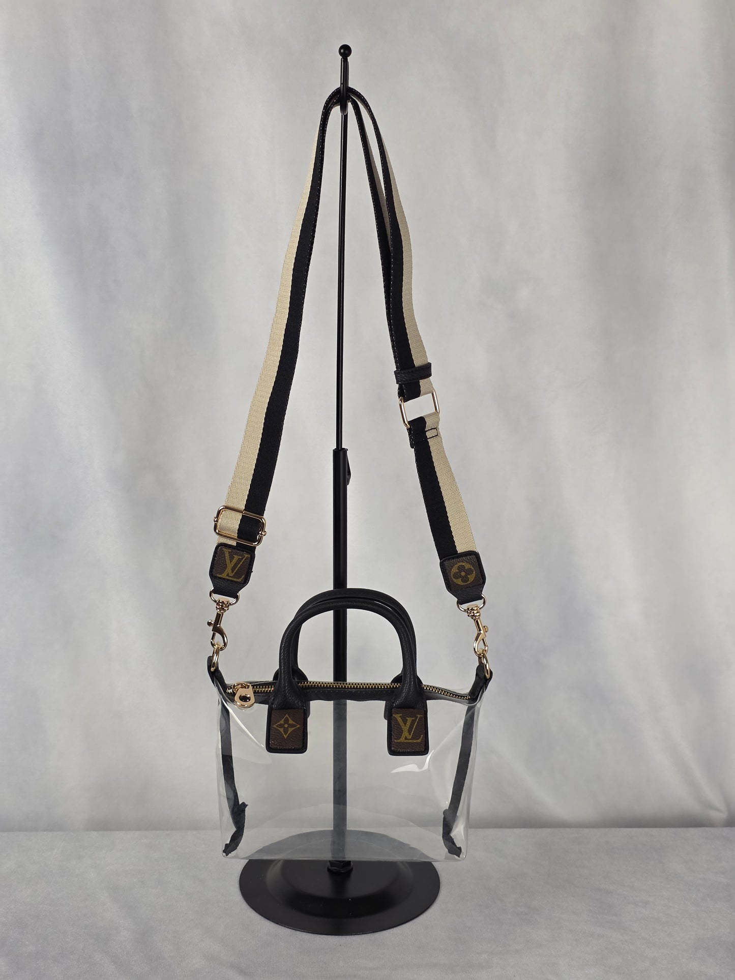 UPCYCLED STADIUM BAG WITH LUXURY ACCENTS, BLACK/CLEAR