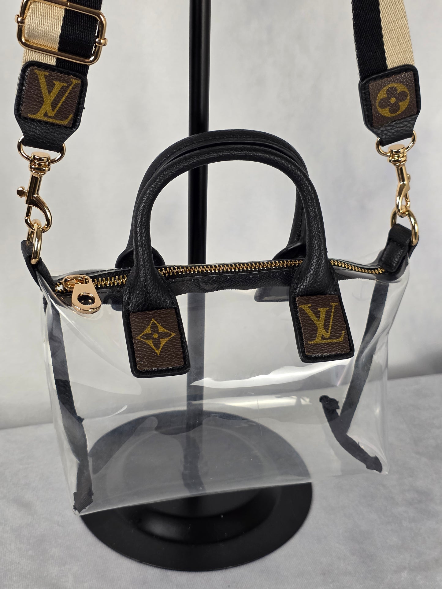 UPCYCLED STADIUM BAG WITH LUXURY ACCENTS, BLACK/CLEAR