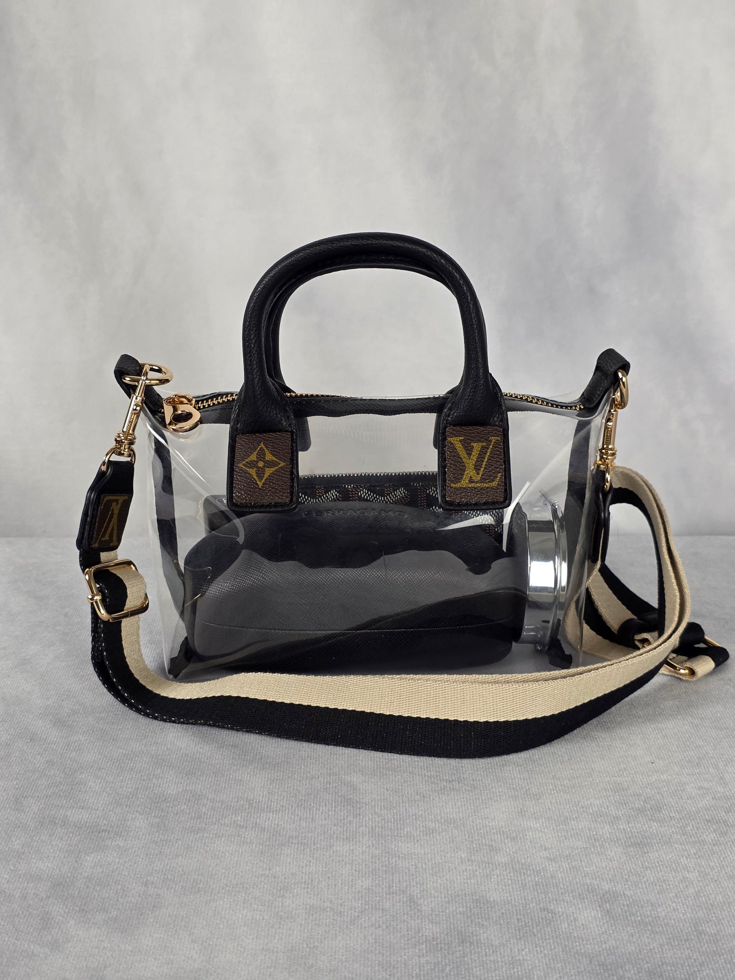 UPCYCLED STADIUM BAG WITH LUXURY ACCENTS, BLACK/CLEAR