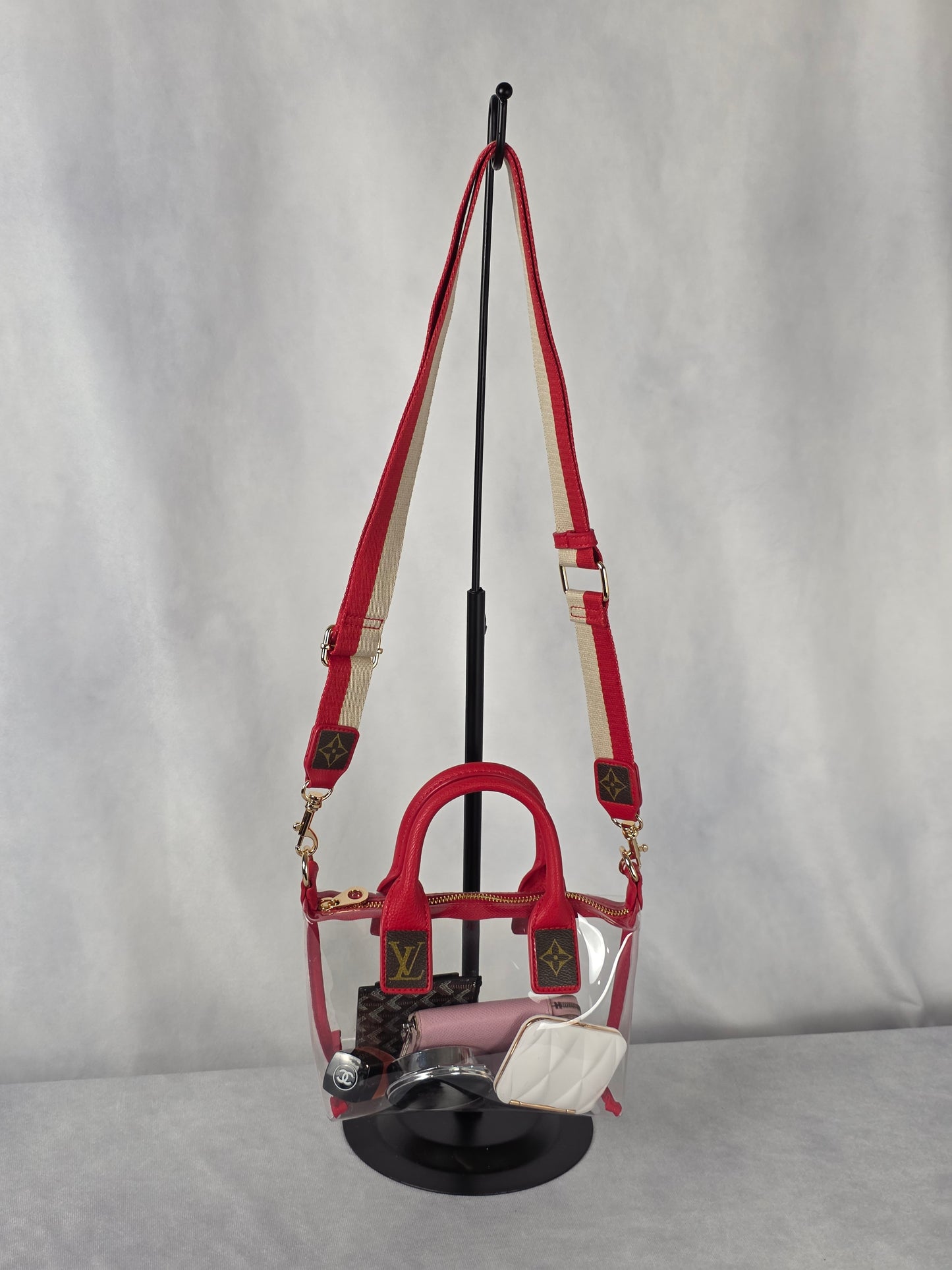 UPCYCLED STADIUM BAG WITH LUXURY ACCENTS, RED/CLEAR