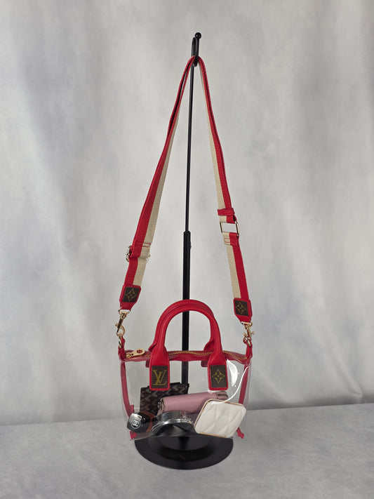 UPCYCLED STADIUM BAG WITH LUXURY ACCENTS, RED/CLEAR