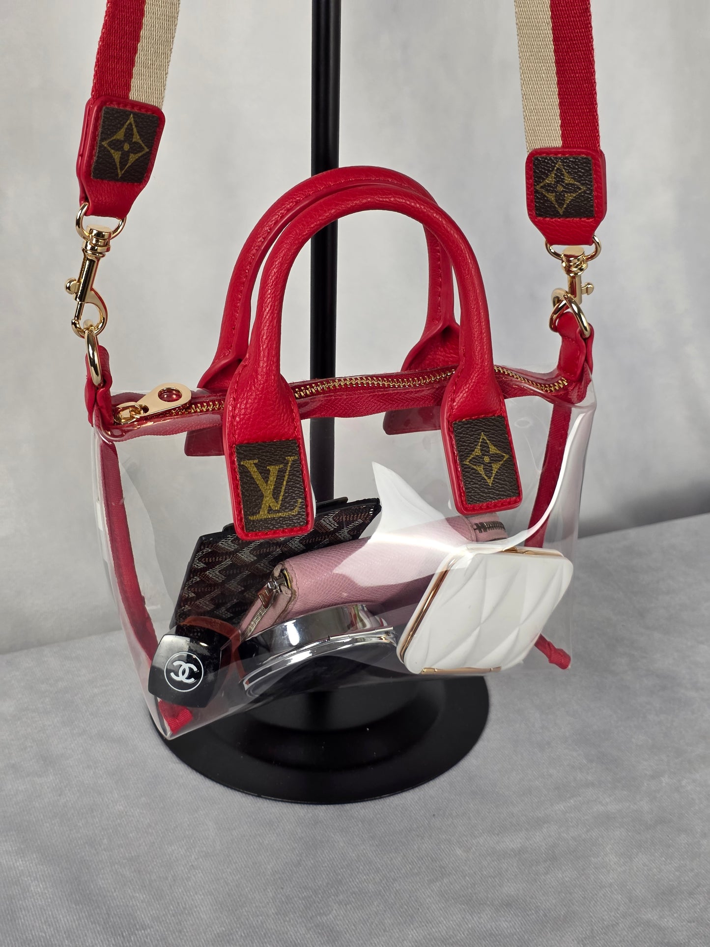 UPCYCLED STADIUM BAG WITH LUXURY ACCENTS, RED/CLEAR