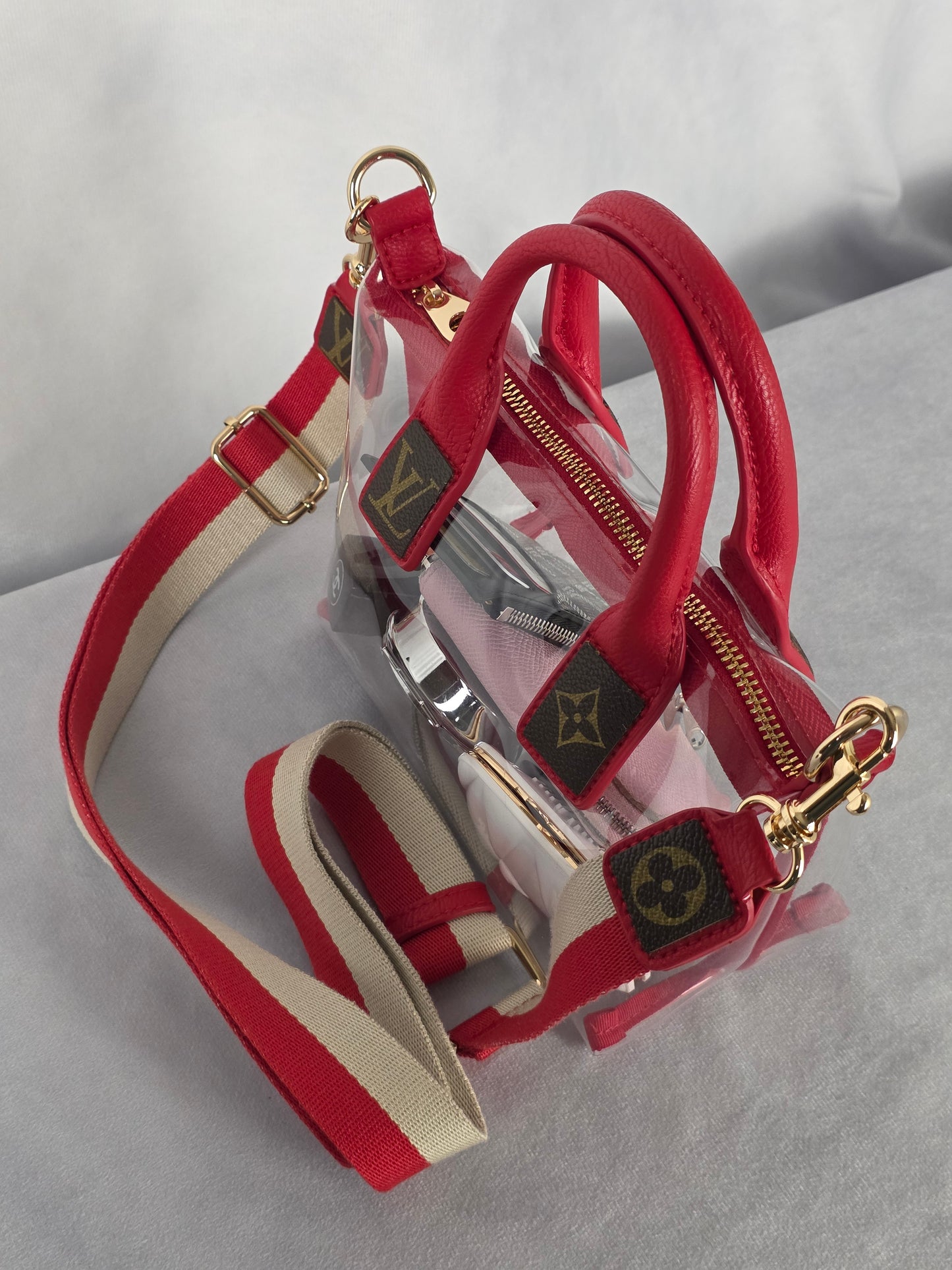 UPCYCLED STADIUM BAG WITH LUXURY ACCENTS, RED/CLEAR
